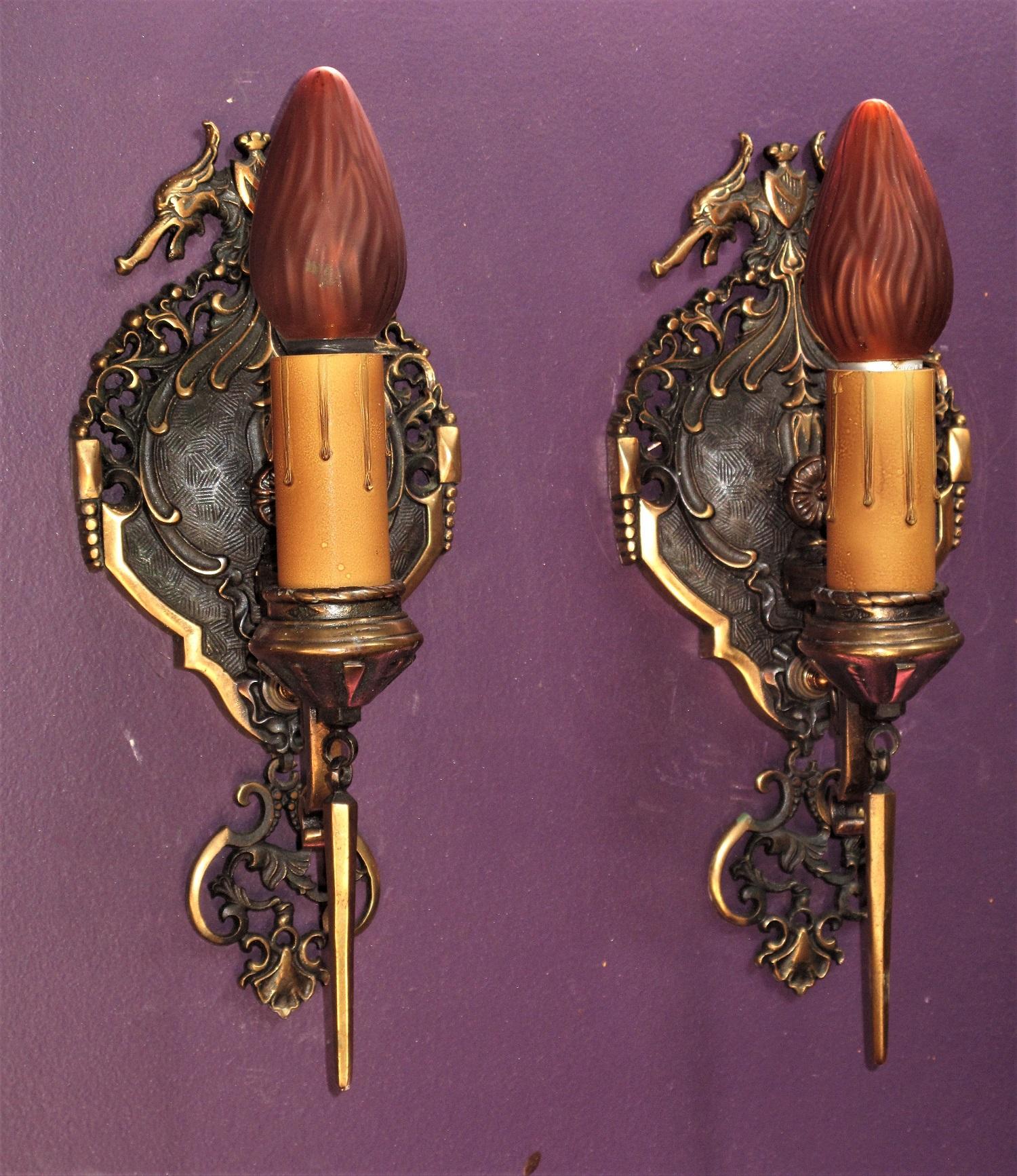 Cast Pair of Tudor / Revival Style Bronze Sconces Original Finish For Sale