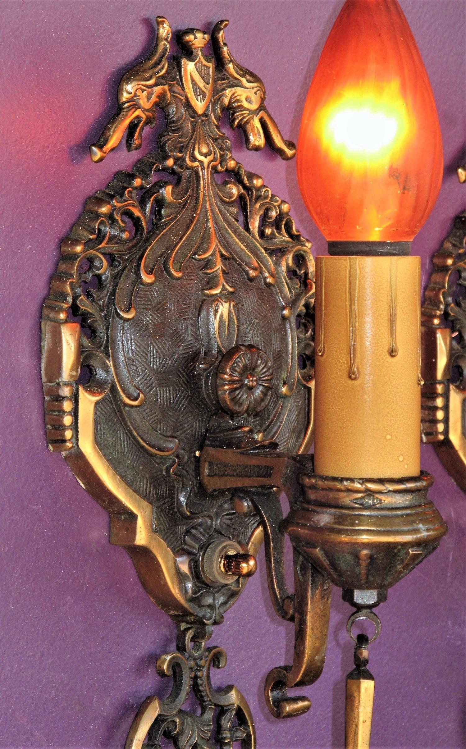 American Pair Tudor / Revival Style Bronze Sconces Original Finish For Sale