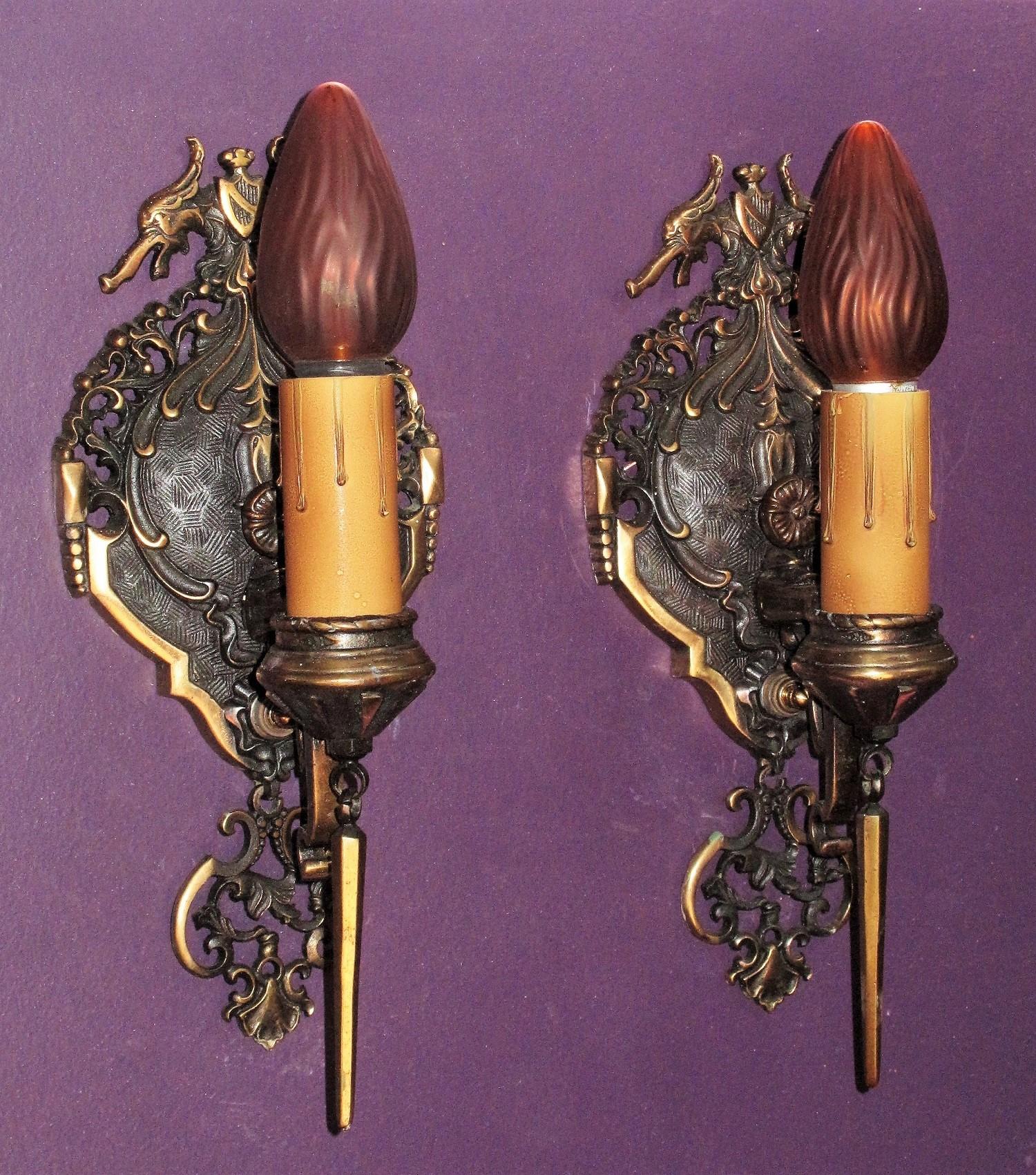 Pair Tudor / Revival Style Bronze Sconces Original Finish In Good Condition For Sale In Prescott, US