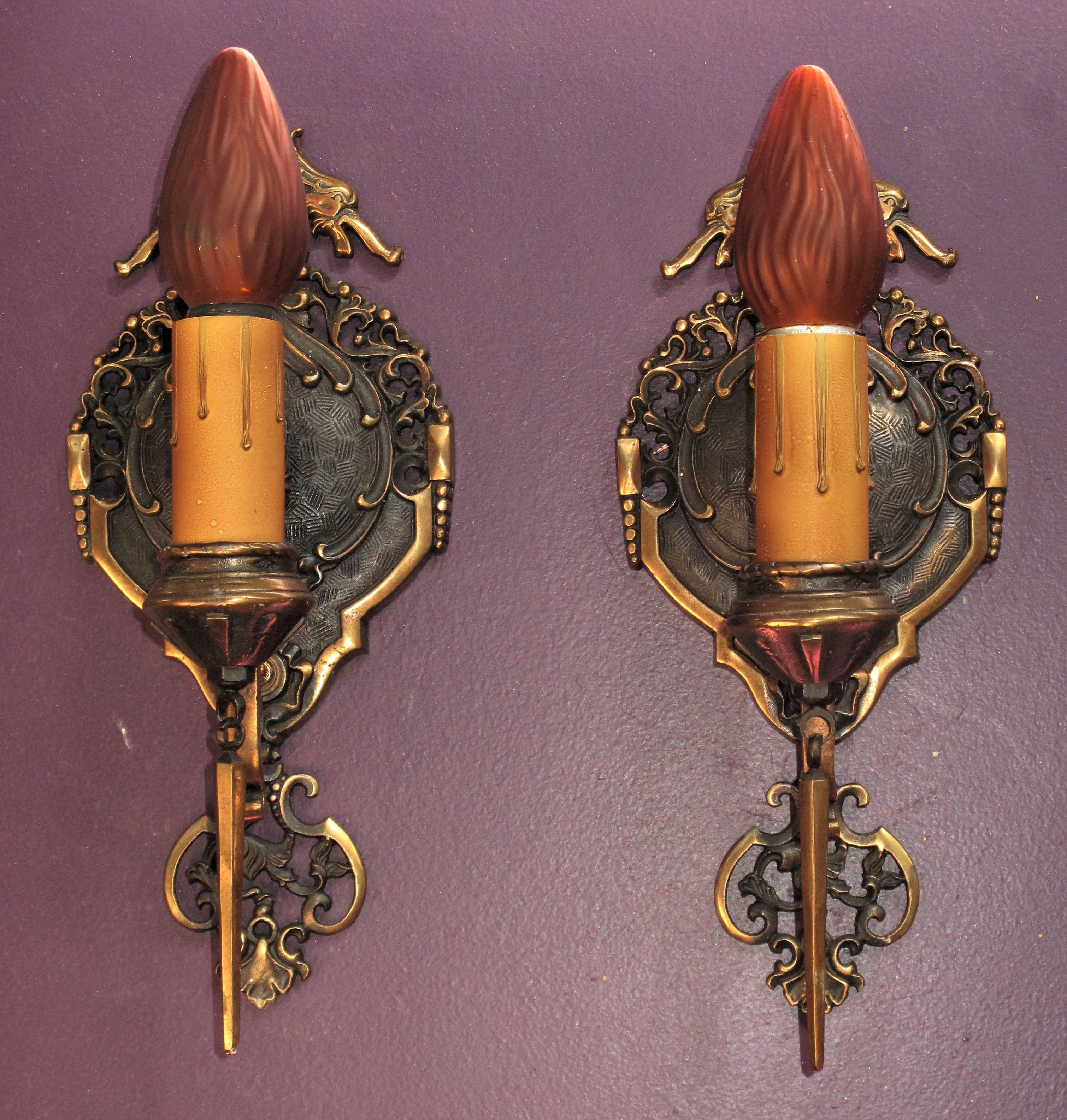 Pair of Tudor / Revival Style Bronze Sconces Original Finish For Sale 1