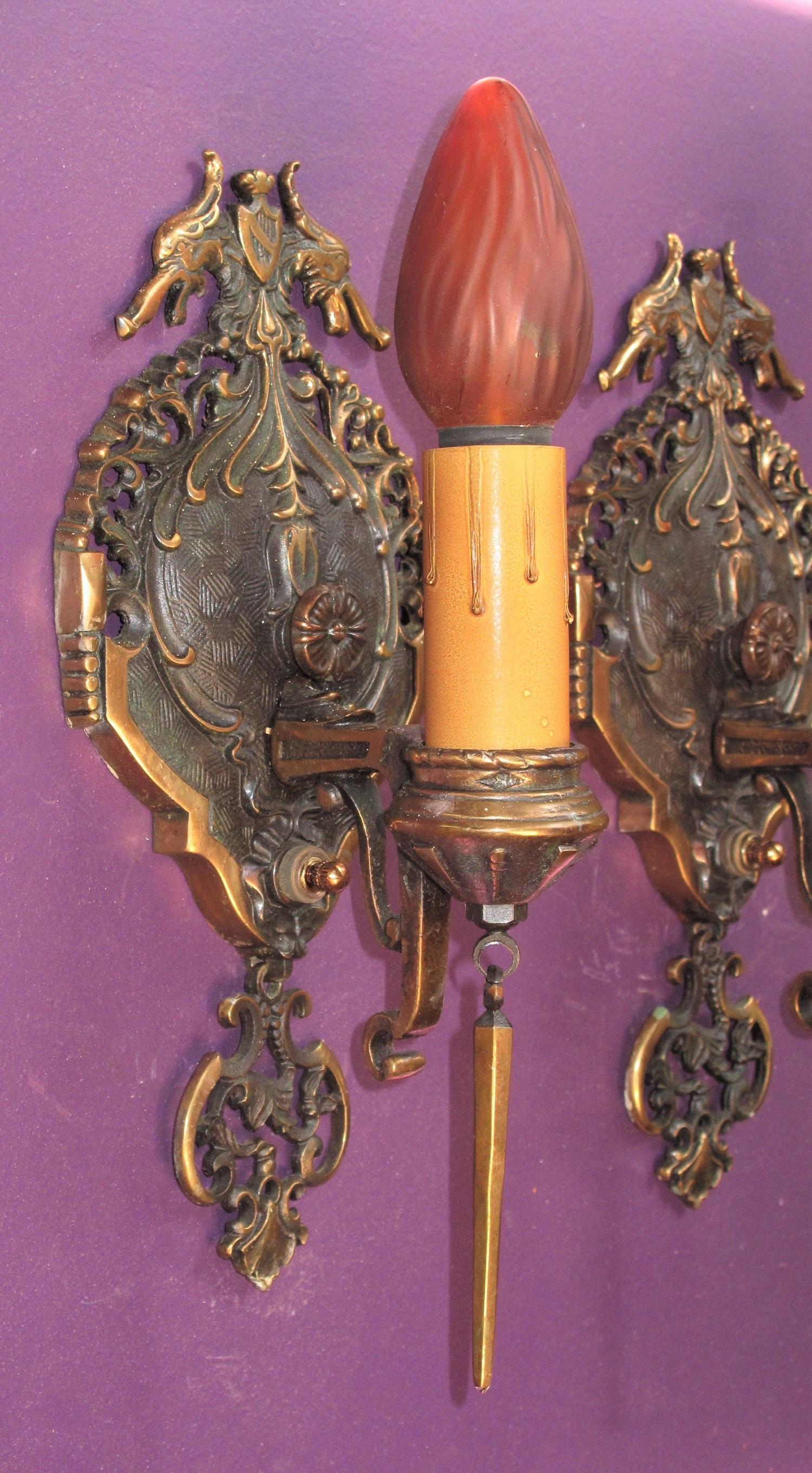 Pair of Tudor / Revival Style Bronze Sconces Original Finish For Sale 2