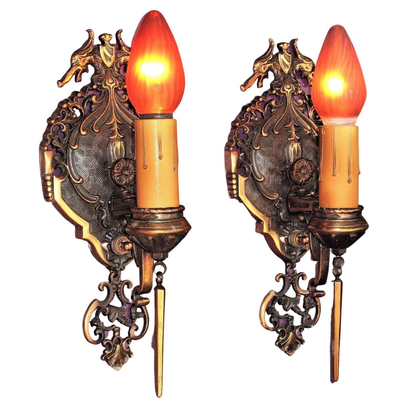 Pair Tudor / Revival Style Bronze Sconces Original Finish For Sale