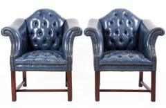 Pair Tufted Blue Leather Wingback Chairs