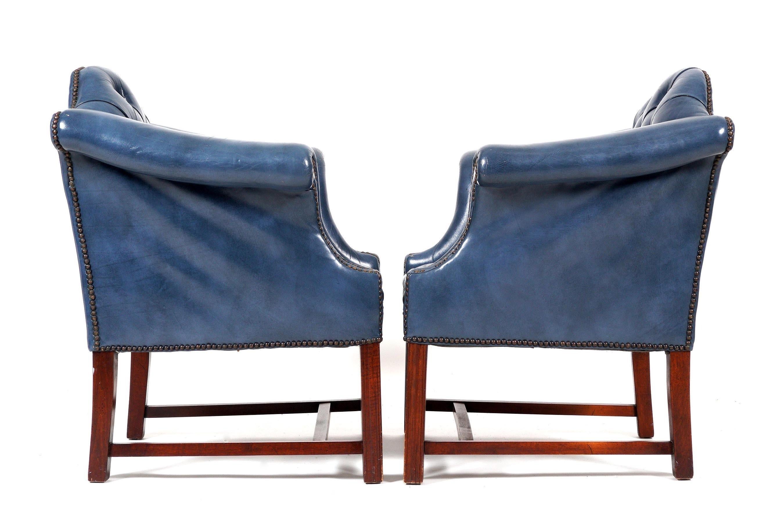 Chesterfield Pair Tufted Blue Leather Wingback Chairs