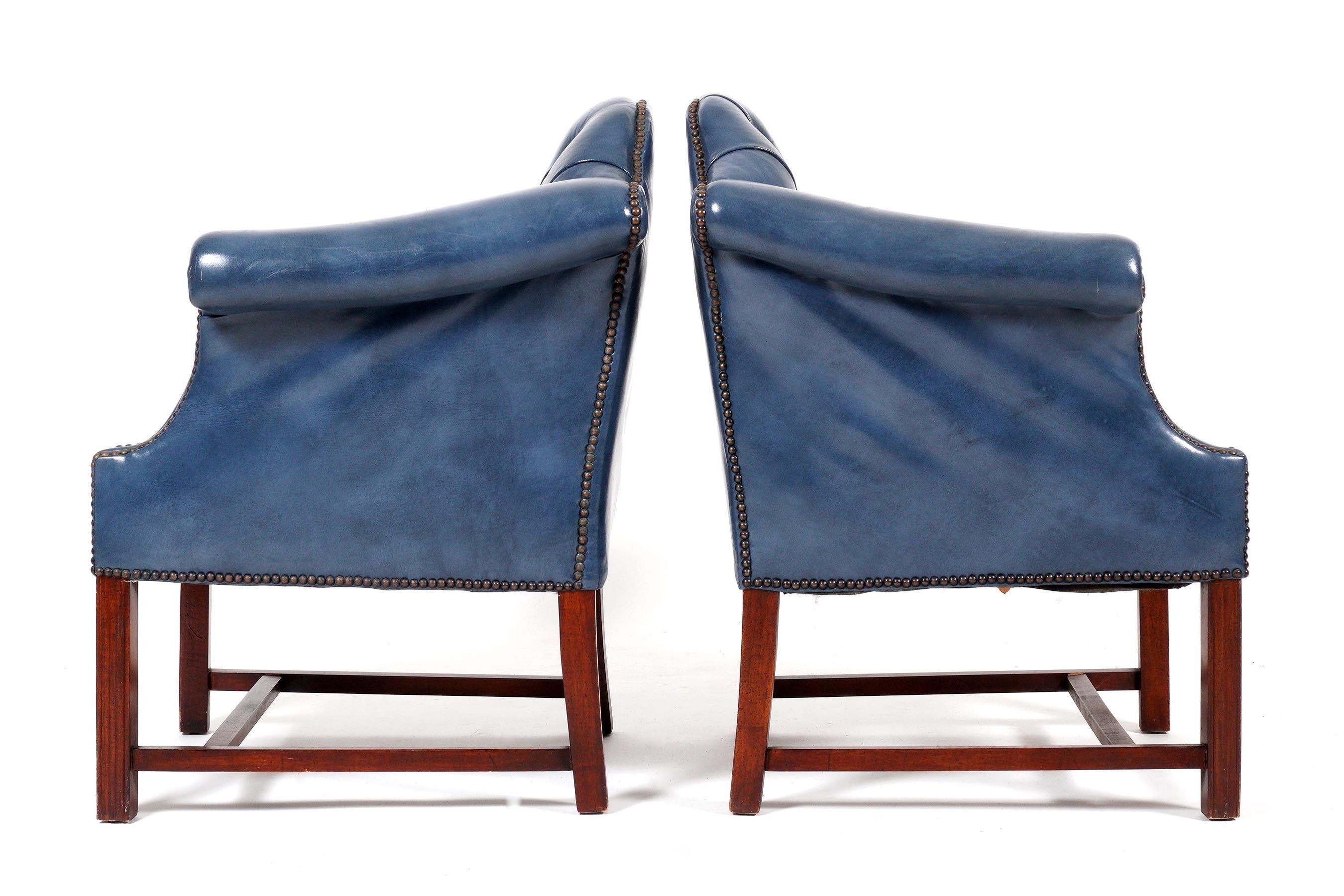 English Pair Tufted Blue Leather Wingback Chairs