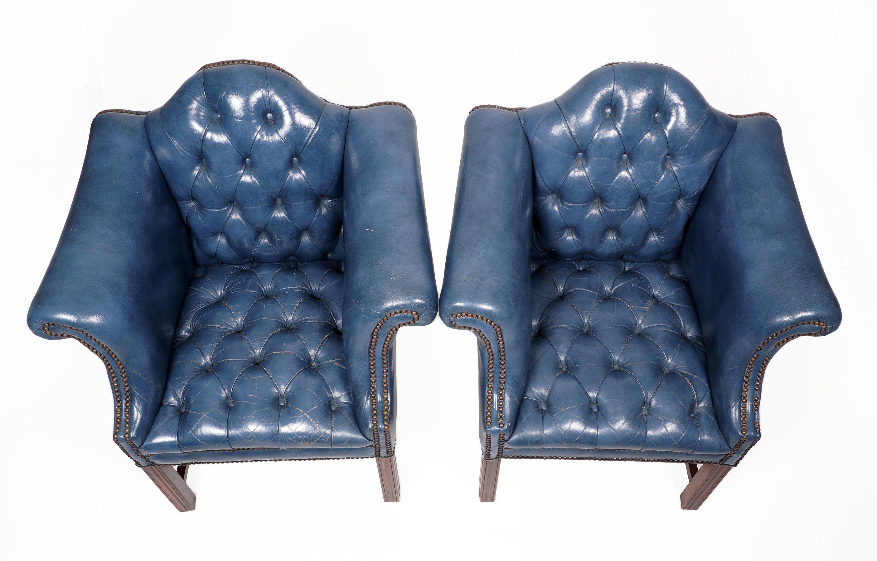Pair Tufted Blue Leather Wingback Chairs In Good Condition In Bradenton, FL