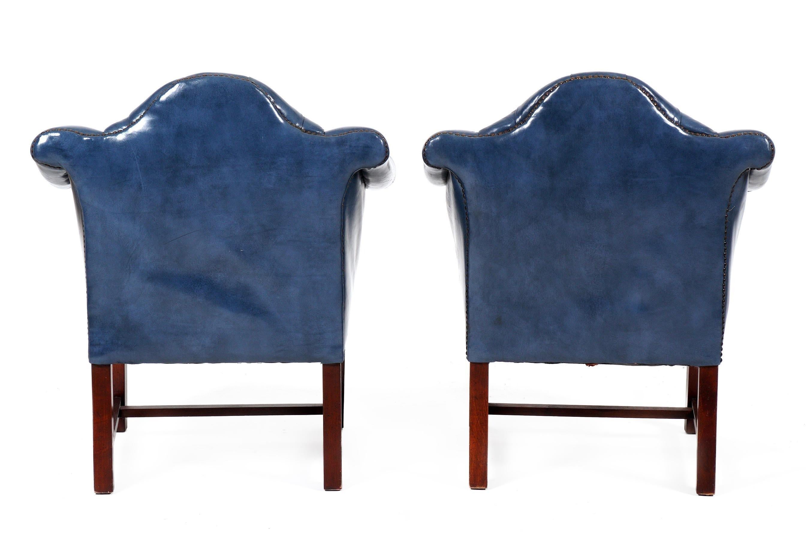 20th Century Pair Tufted Blue Leather Wingback Chairs