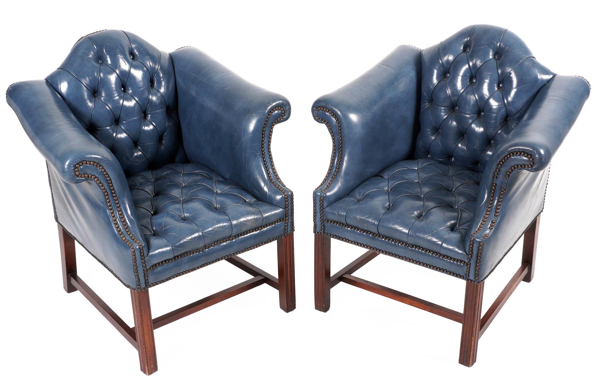 Pair Tufted Blue Leather Wingback Chairs 1