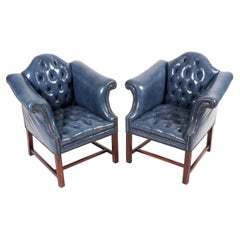 Antique Pair Tufted Blue Leather Wingback Chairs