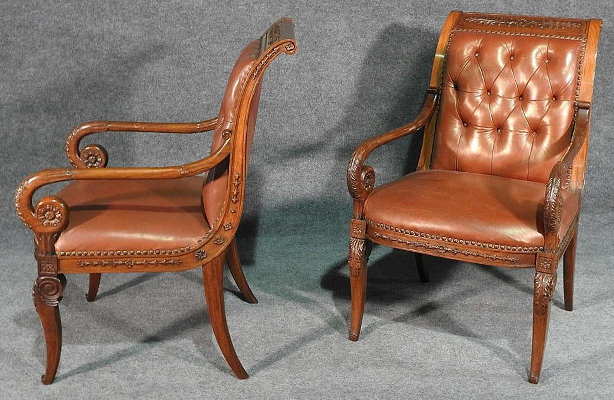 Pair of Tufted Carved Mahogany French Regency Style Leather Armchairs In Good Condition In Swedesboro, NJ