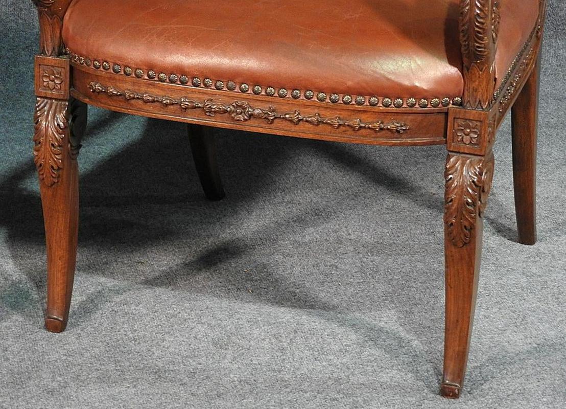 Mid-20th Century Pair of Tufted Carved Mahogany French Regency Style Leather Armchairs