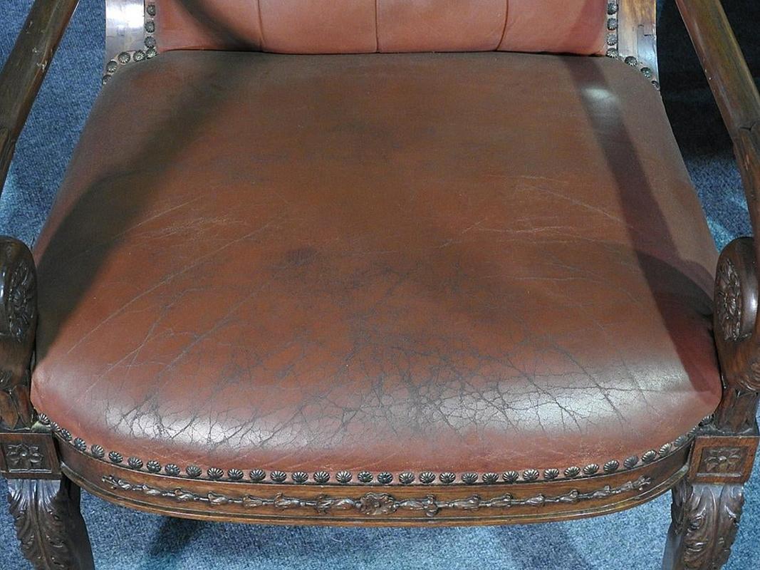 Pair of Tufted Carved Mahogany French Regency Style Leather Armchairs 1