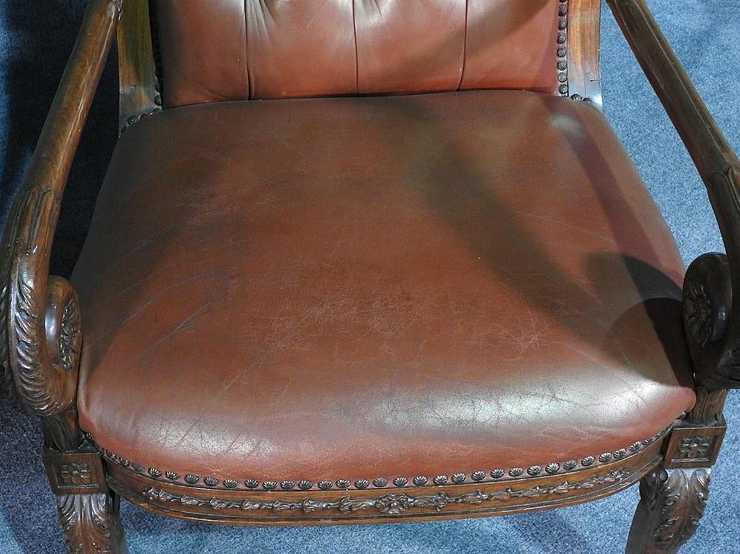 Pair of Tufted Carved Mahogany French Regency Style Leather Armchairs 2