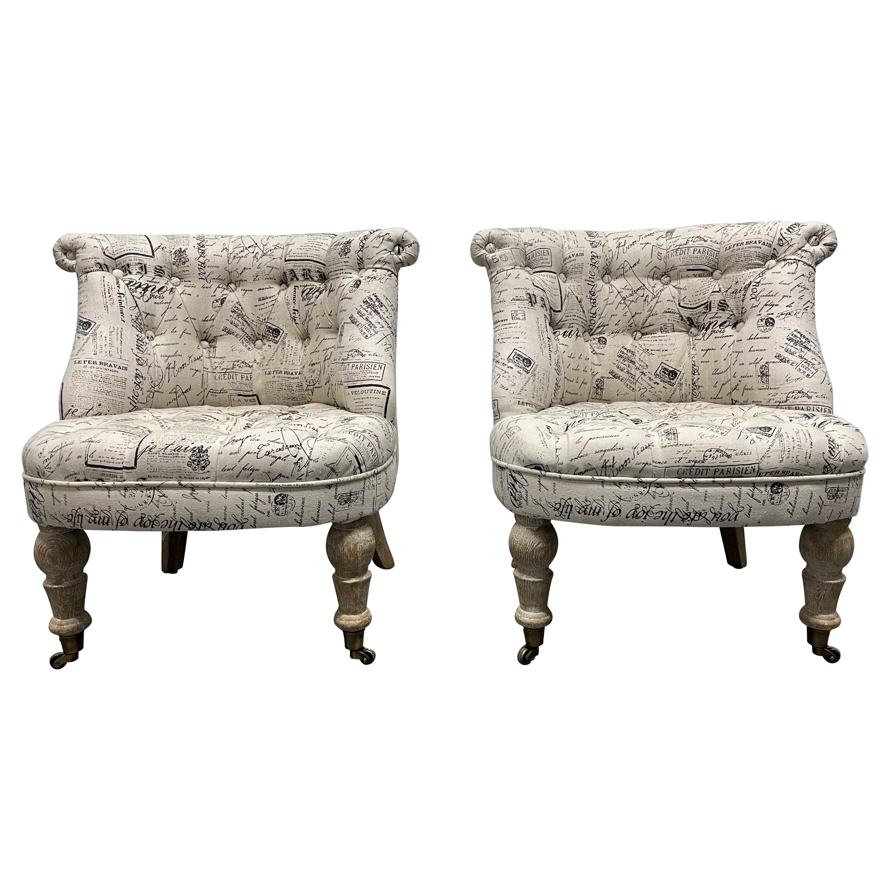 Pair of Tufted, Asymmetrical Fireside Chairs at 1stDibs
