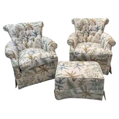 Pair Tufted Club Chairs with Ottoman, Set of Three Tropical Pulitzer Style Vibe