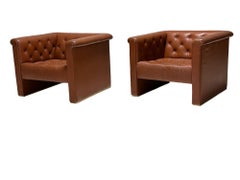 Pair Tufted Cube Leather Club Chairs, 1970