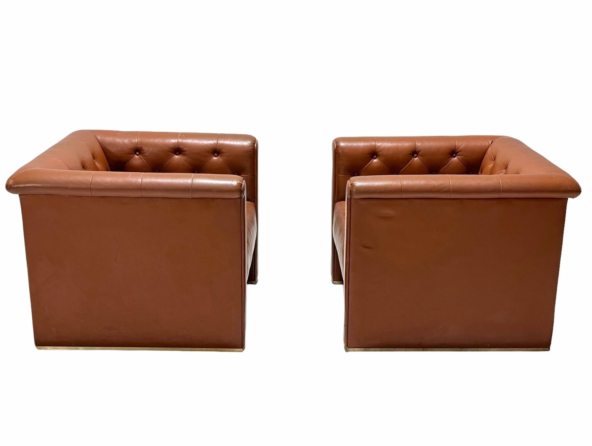Mid-Century Modern Pair Tufted Cube Leather Club Chairs, 1970 For Sale