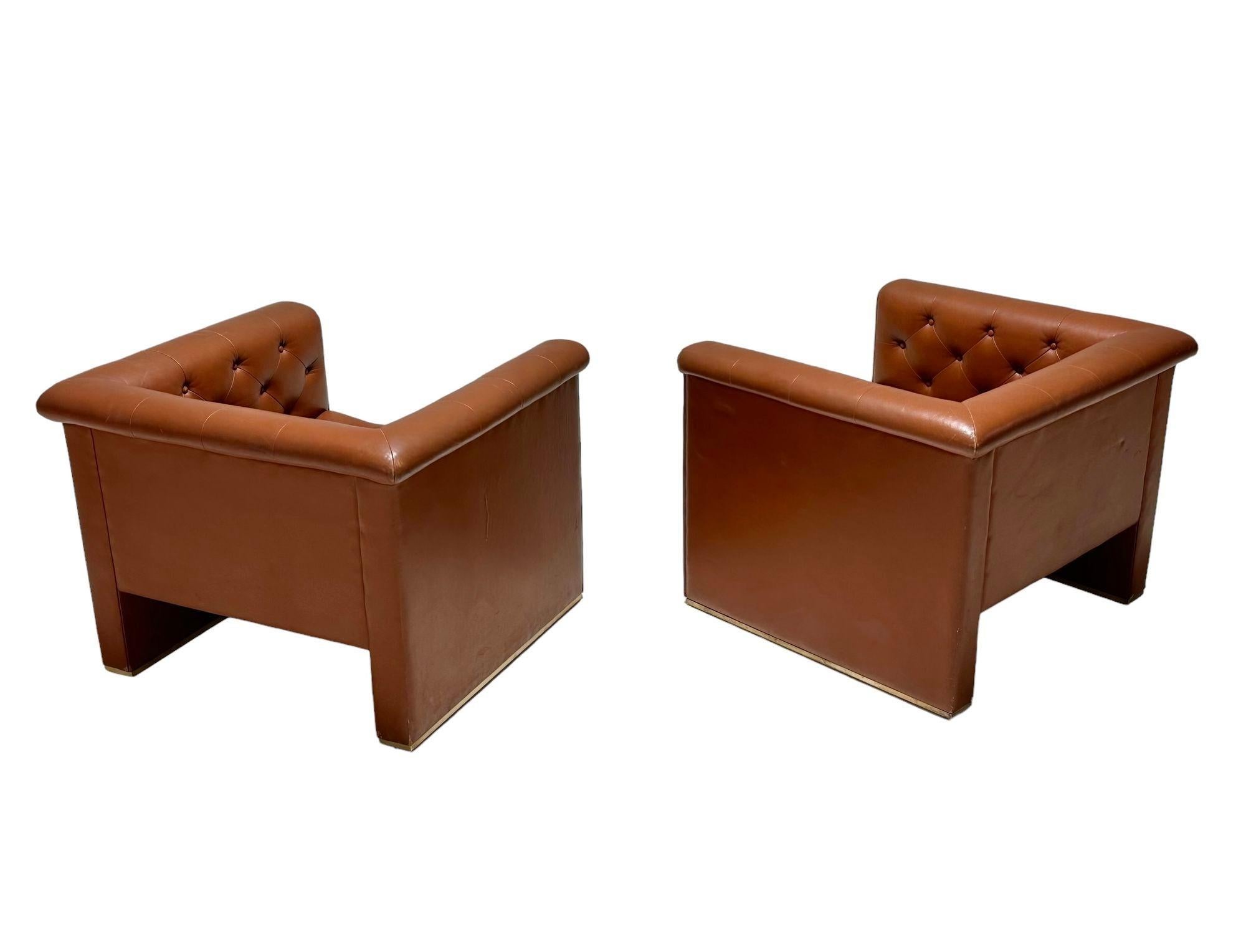 American Pair Tufted Cube Leather Club Chairs, 1970 For Sale