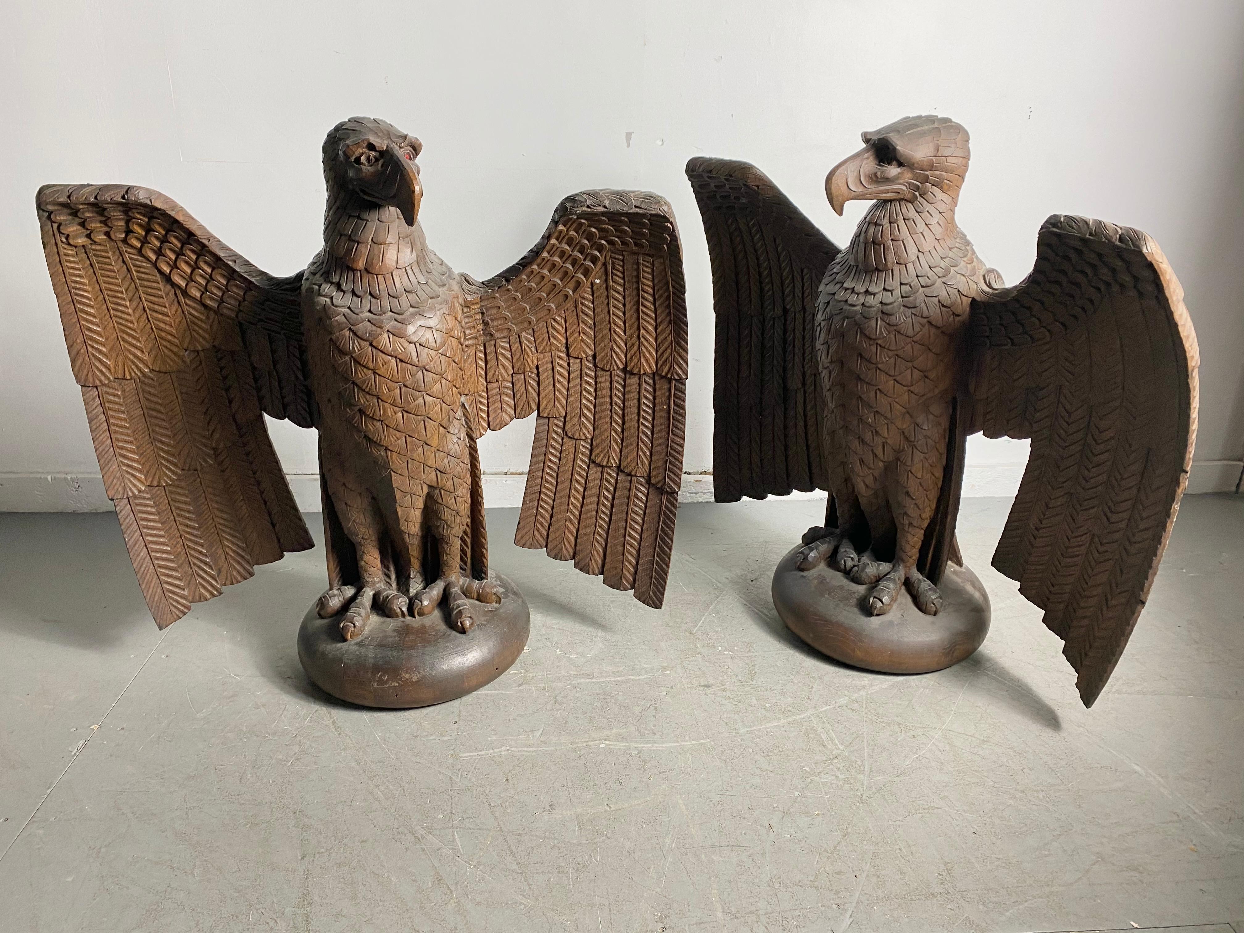 Pair of Turn of the Century Hand Carved Oak Eagles, Stylized 10