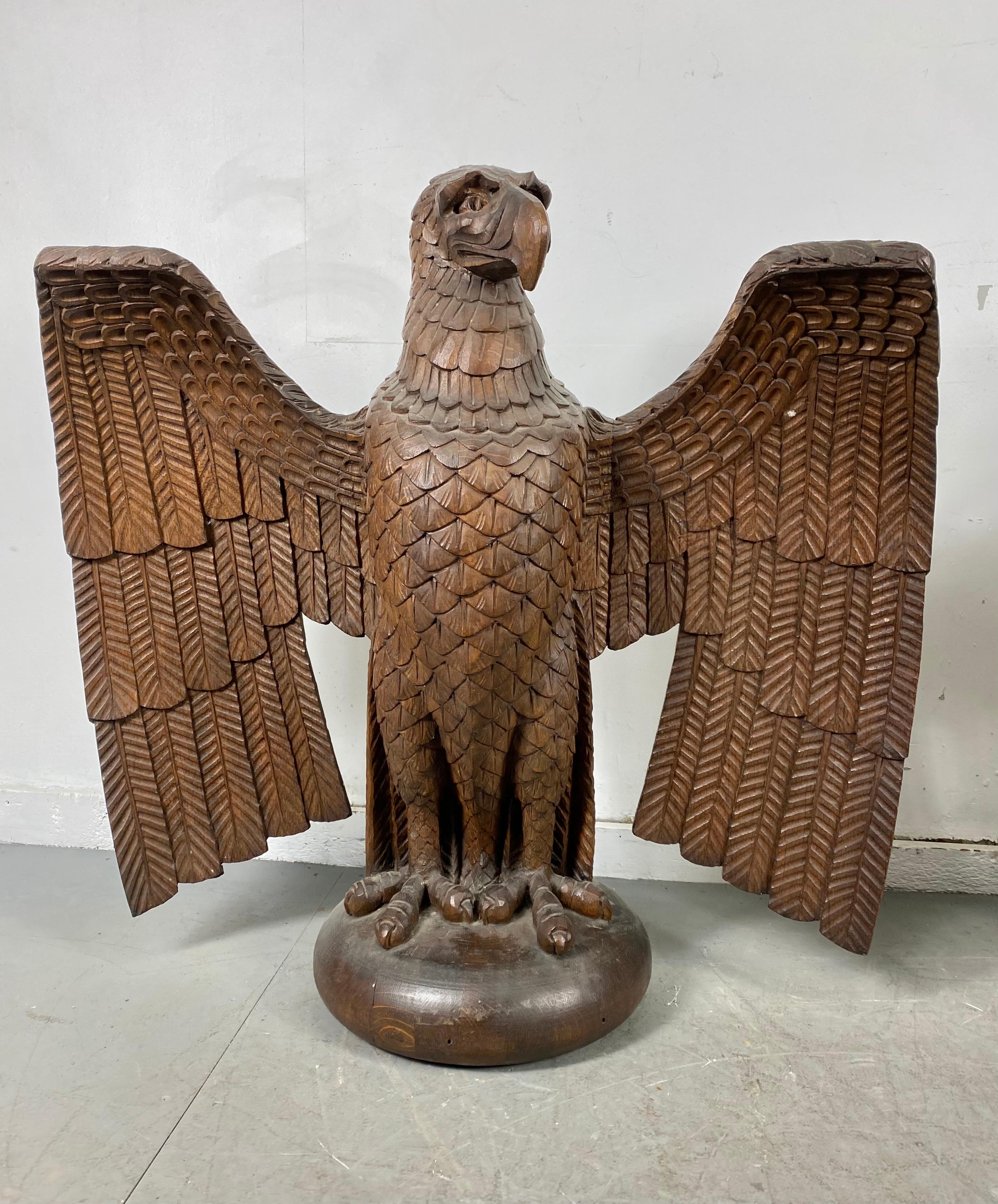 Stunning pair of turn of the century hand carved oak eagles, stylized, 3' high x 3' wide, recently salvaged from Church in Buffalo NY ERECTED ON 1905. I believe these to be German??. Amazing detail, exquisite hand carving, monumental 36