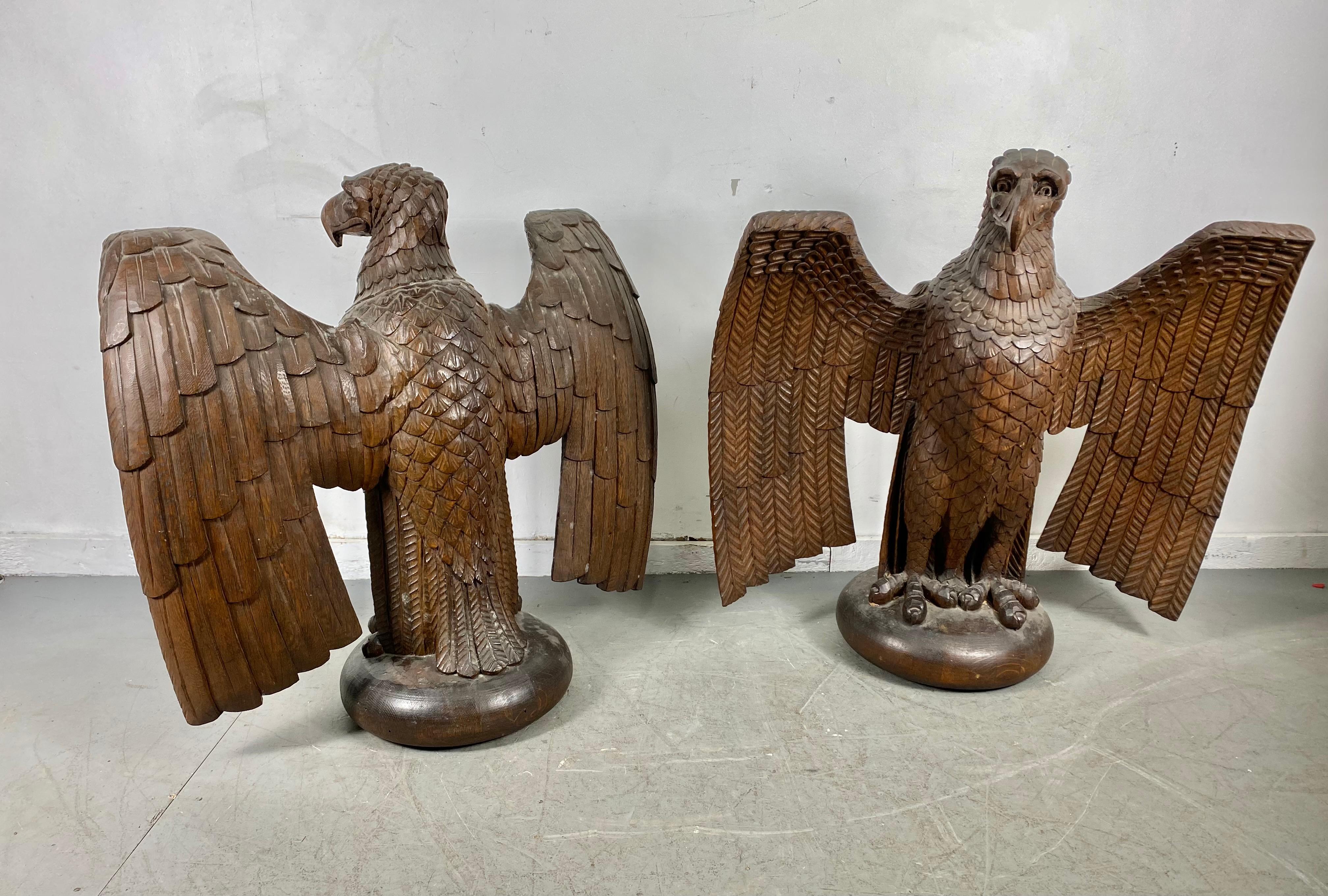 Pair of Turn of the Century Hand Carved Oak Eagles, Stylized 1