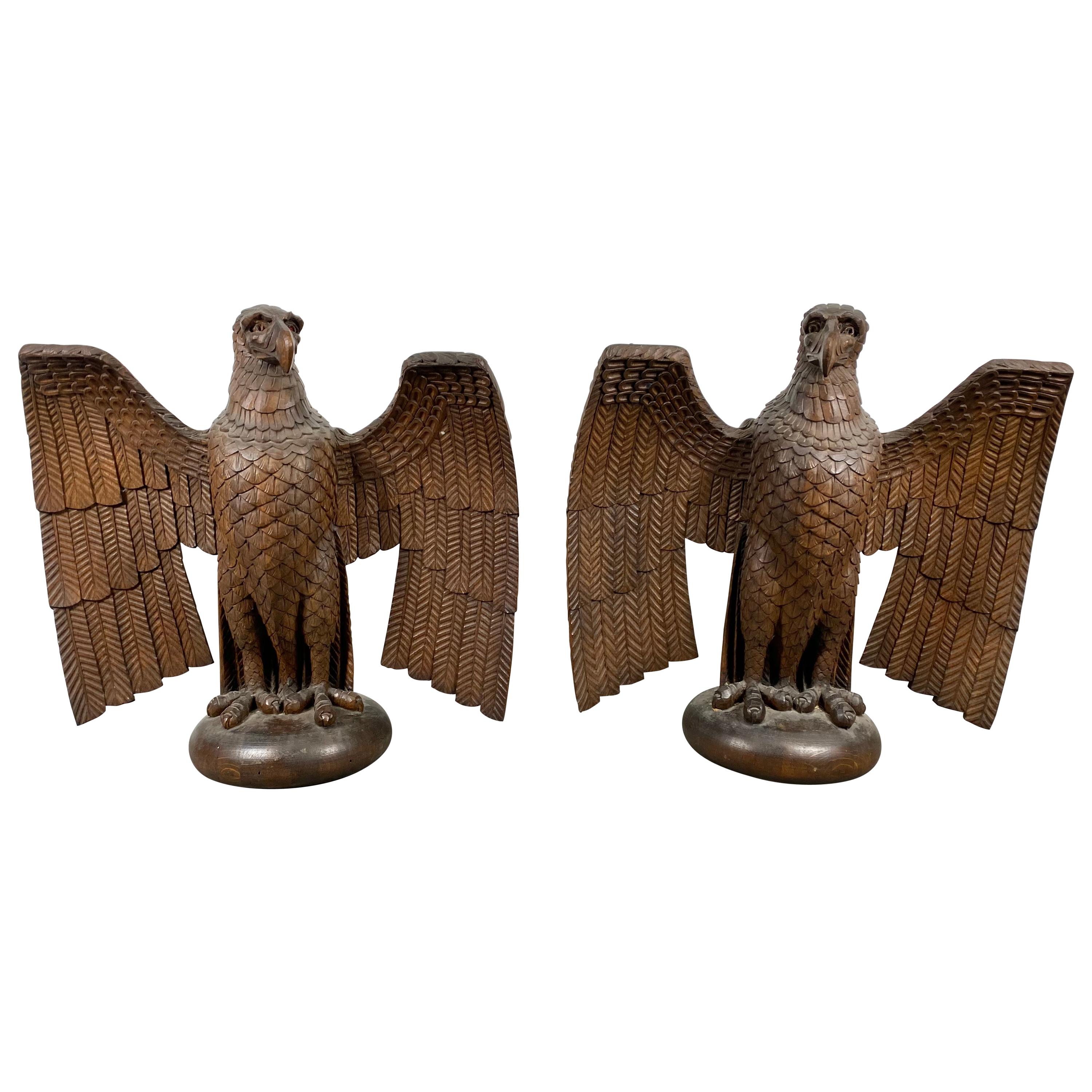 Pair of Turn of the Century Hand Carved Oak Eagles, Stylized