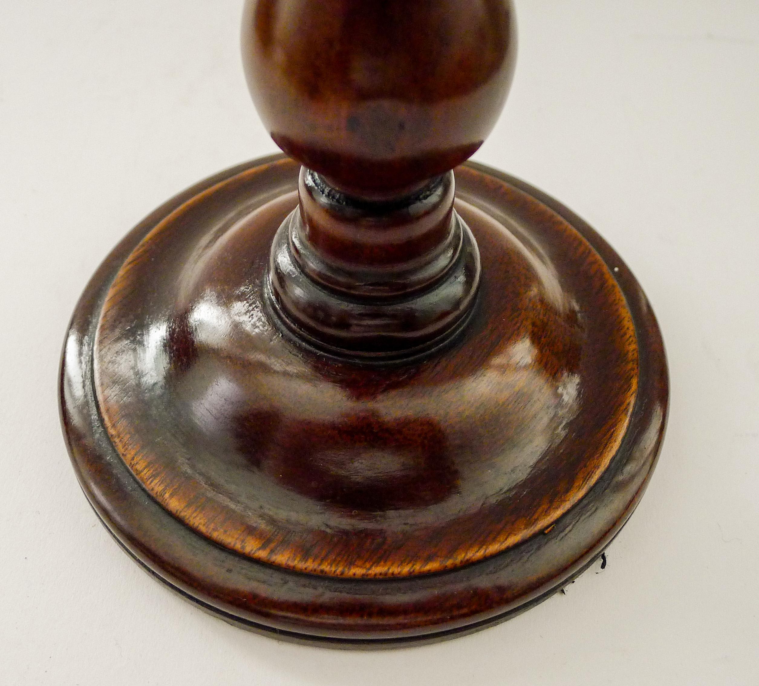 Edwardian Pair Turned Wooden & Brass Candlesticks c.1900 For Sale
