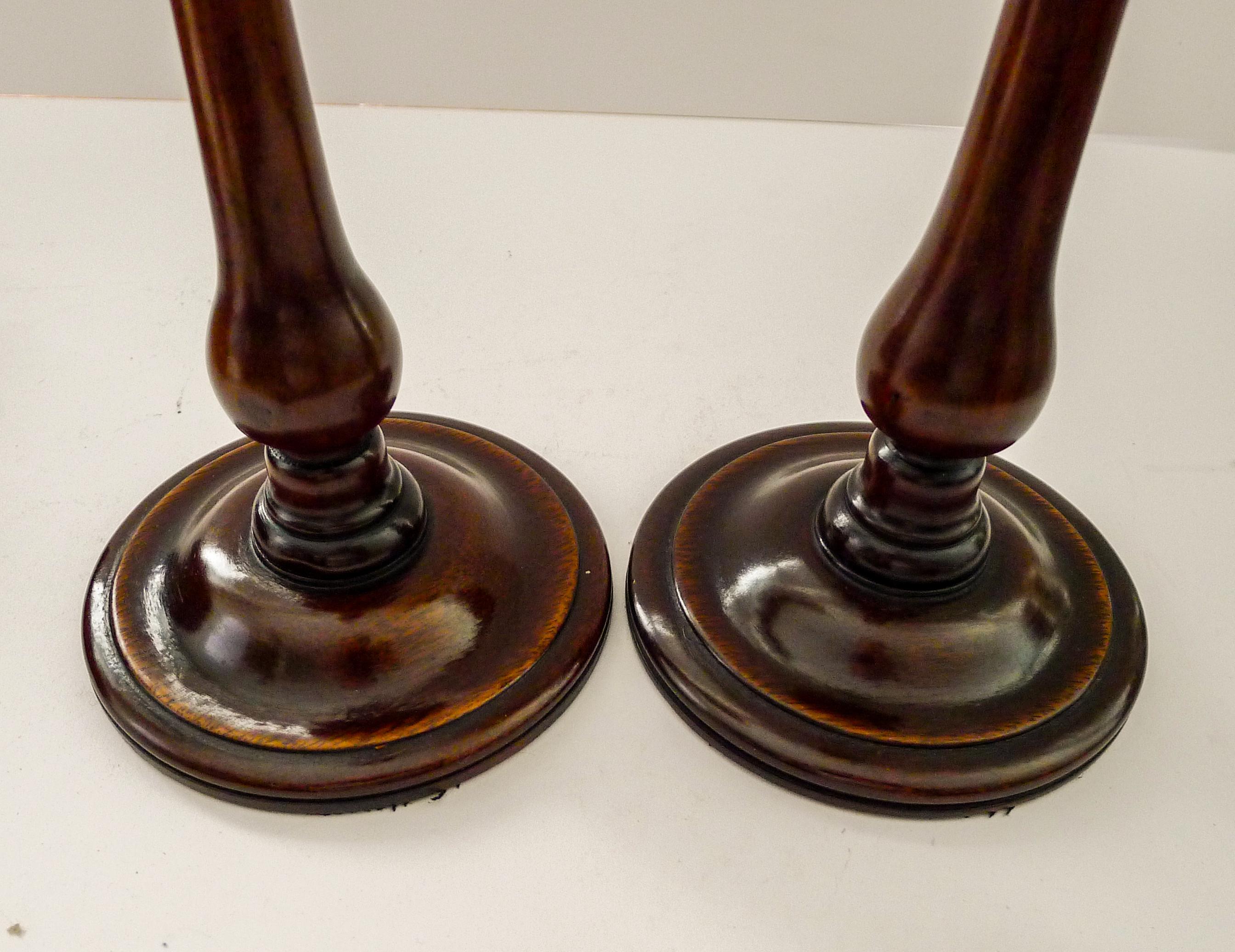 British Pair Turned Wooden & Brass Candlesticks c.1900 For Sale