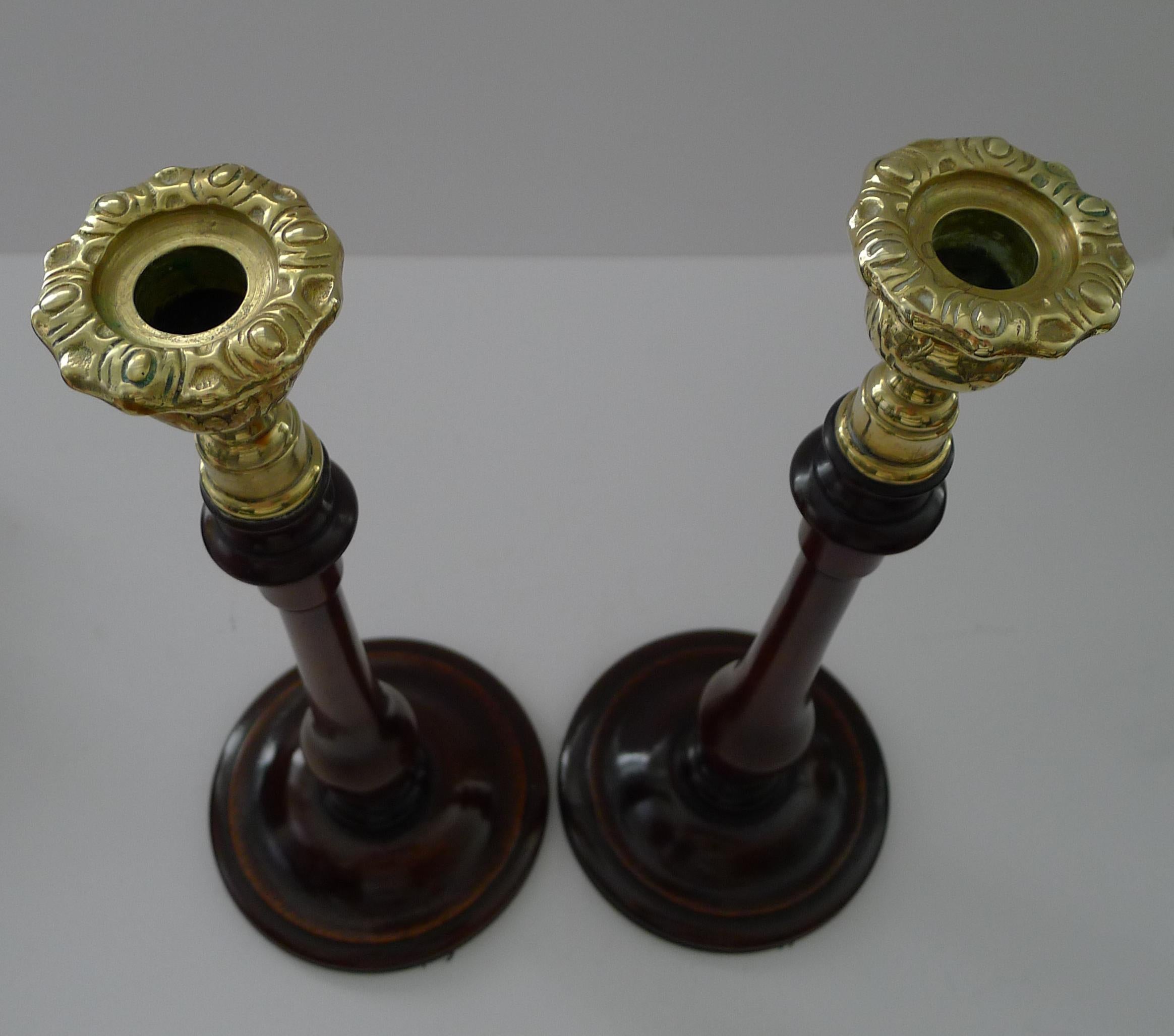 Pair Turned Wooden & Brass Candlesticks c.1900 In Good Condition For Sale In Bath, GB