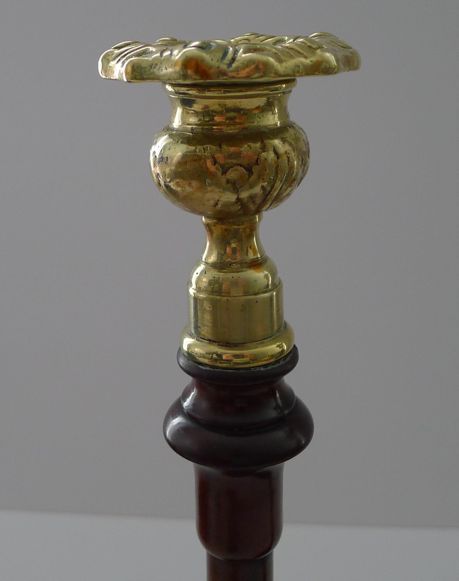 Early 20th Century Pair Turned Wooden & Brass Candlesticks c.1900 For Sale