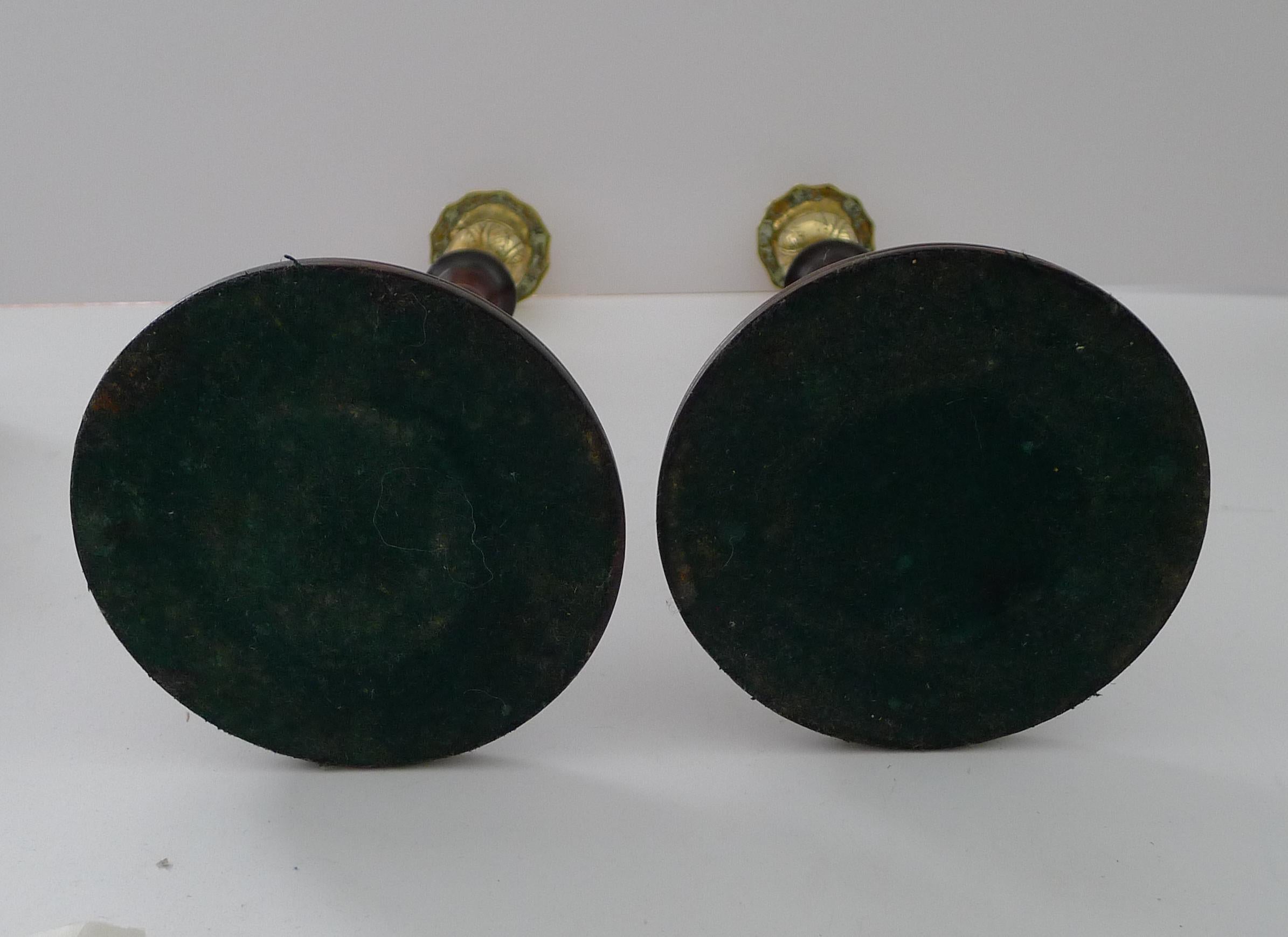 Pair Turned Wooden & Brass Candlesticks c.1900 For Sale 1