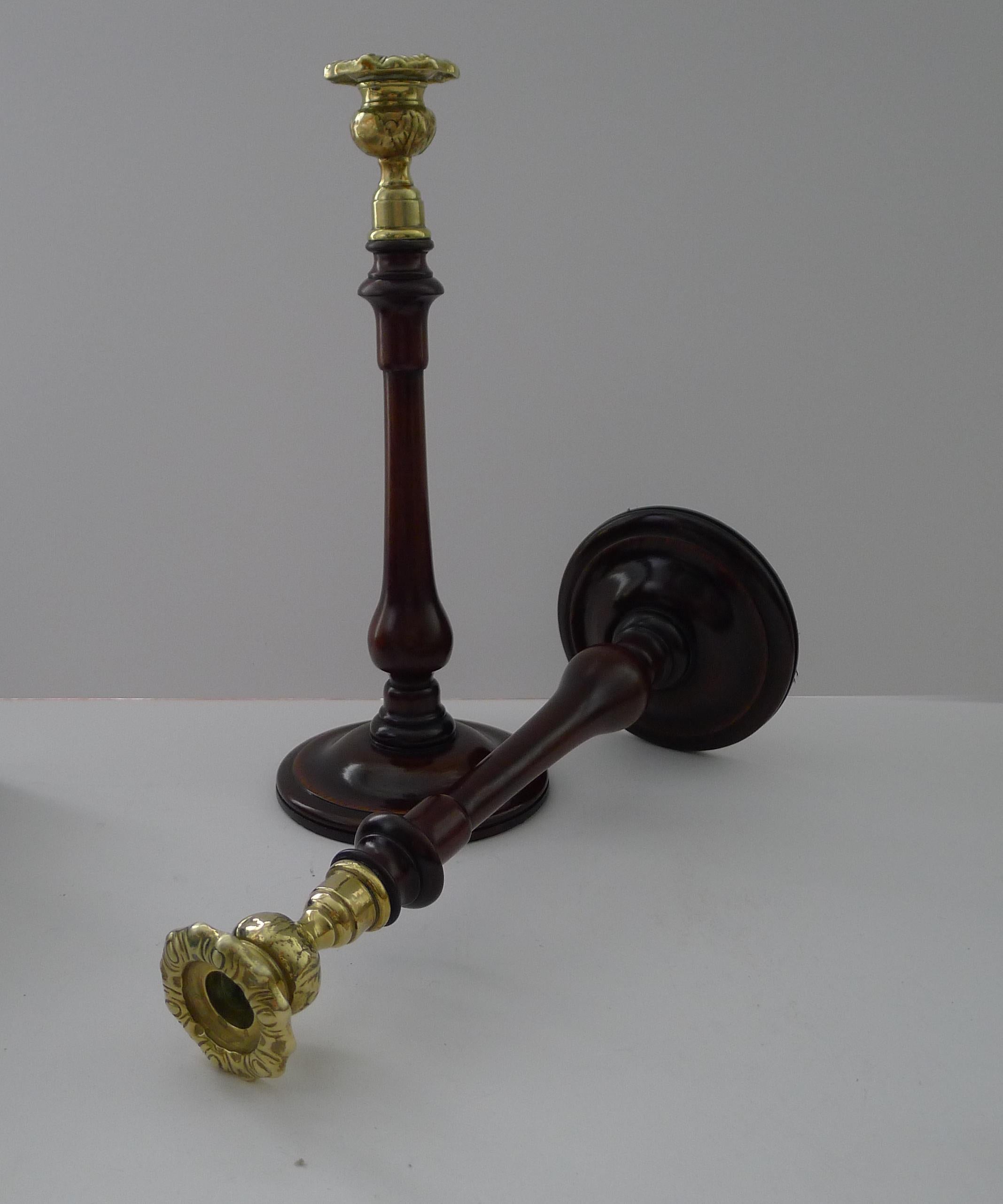 Pair Turned Wooden & Brass Candlesticks c.1900 For Sale 2
