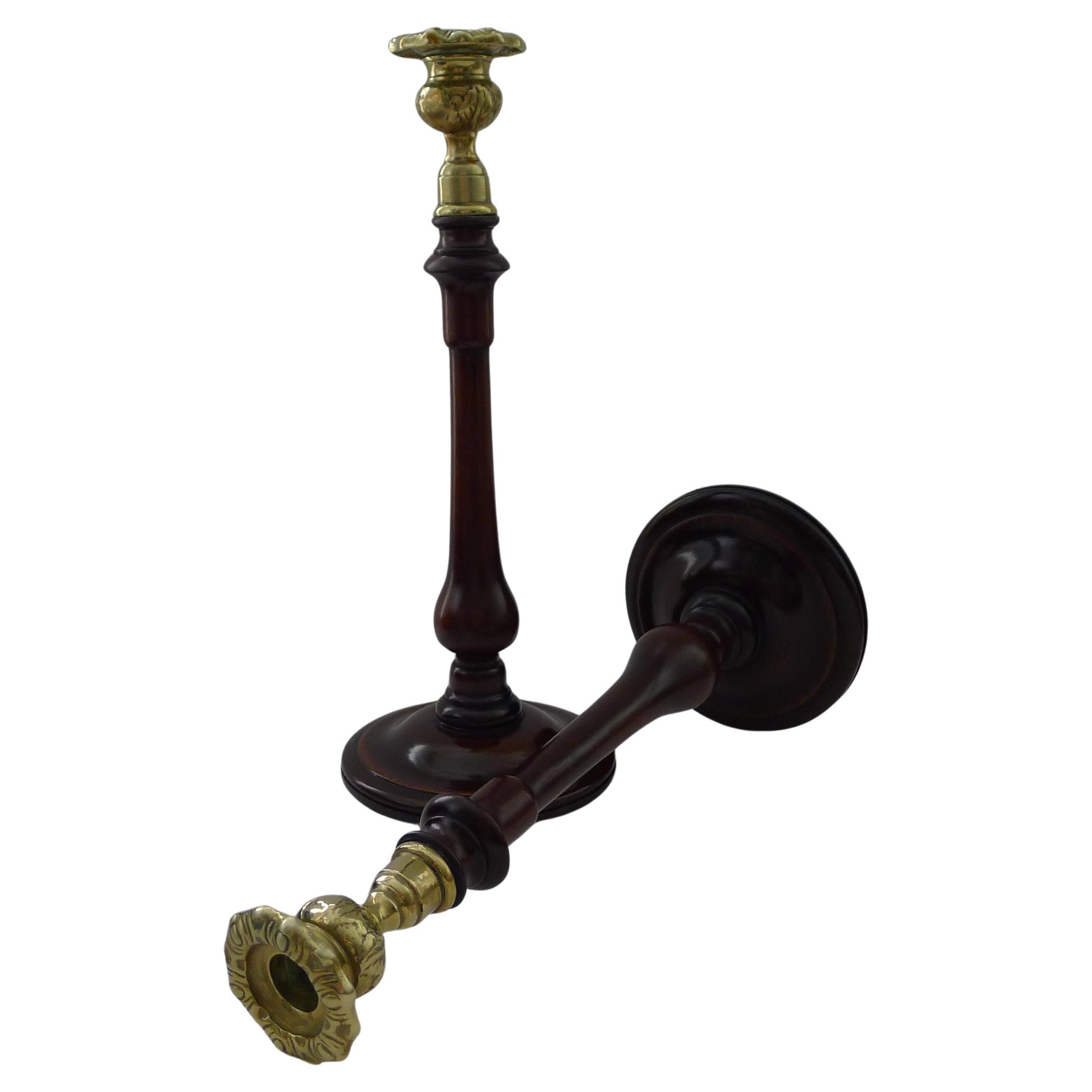 Pair Turned Wooden & Brass Candlesticks c.1900