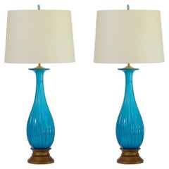 Pair Turquoise Blue Empoli Murano Glass Table Lamps