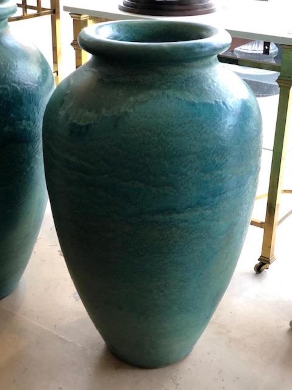 Pair of Turquoise Galloway Jars Three Feet Tall In Good Condition In Hudson, NY