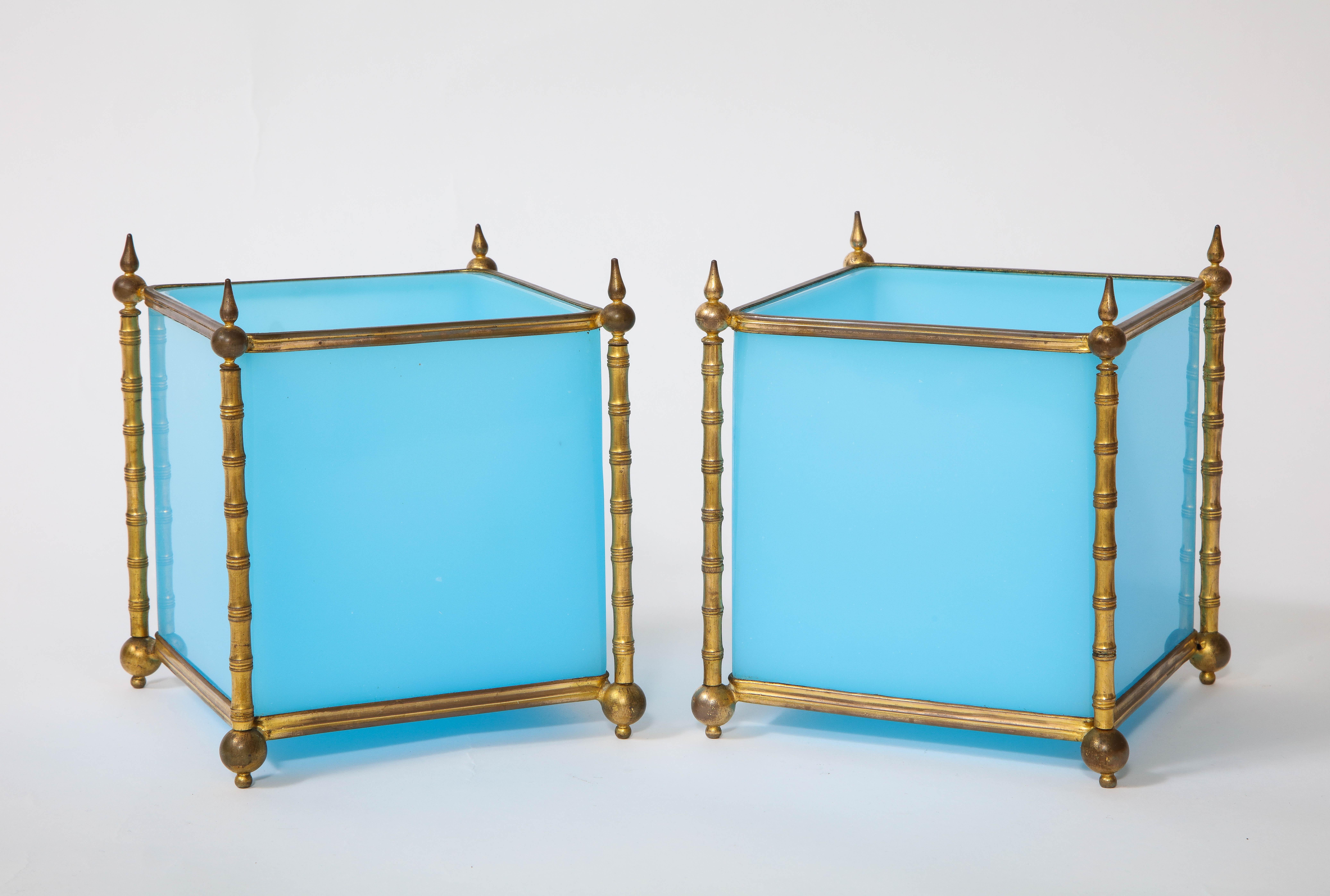 An exquisite and highly decorative pair turquoise Opaline French baccarat crystal ormolu mounted jardinière/cache pots, each cashepot beautifully hand polished and then mounted in doré bronze bamboo mounts, attributed to baccarat crystal, Paris,