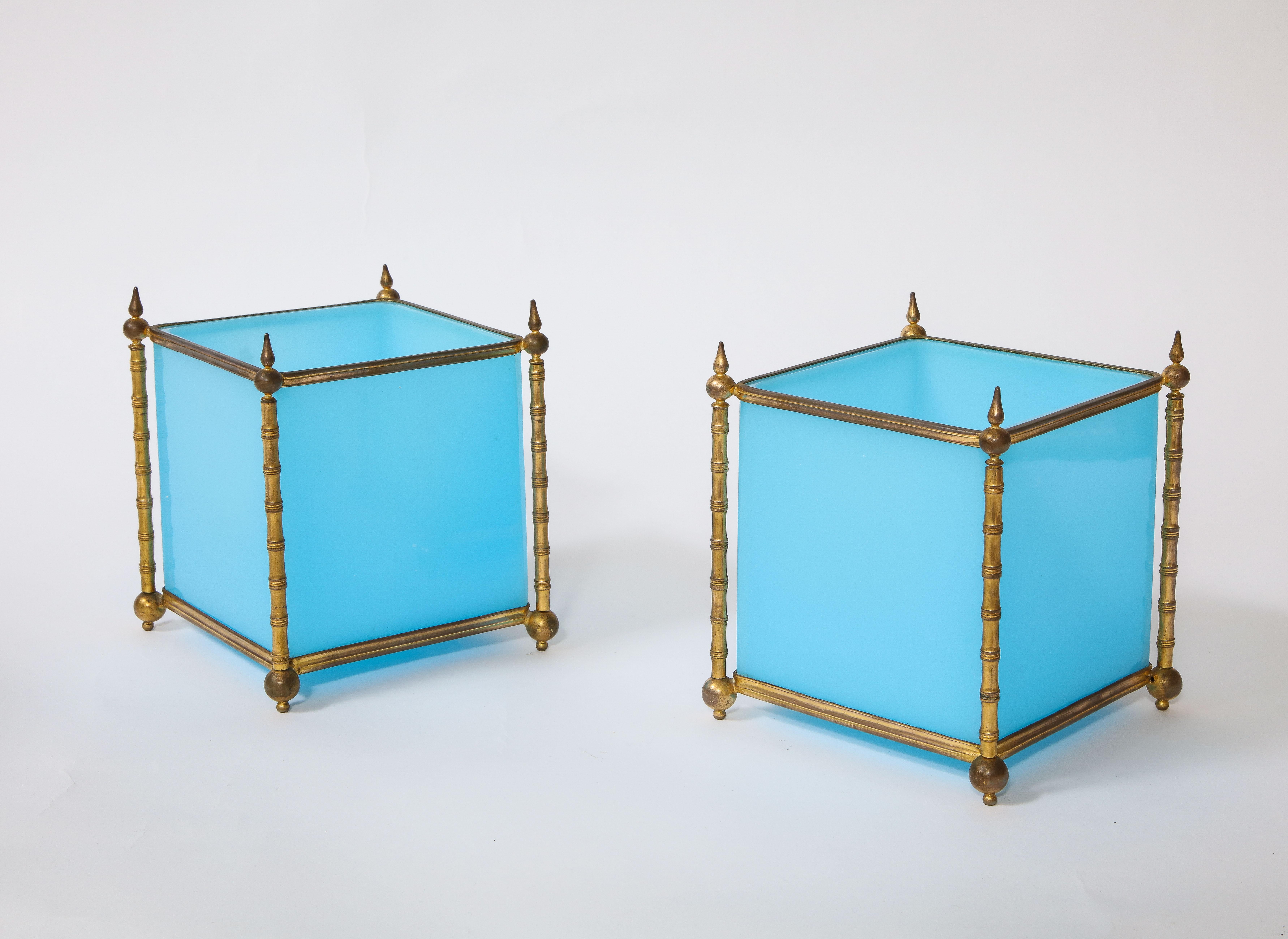 Louis XVI Pair of Turquoise Opaline Baccarat Crystal Ormolu Mounted Jardinière/Cache Pots For Sale