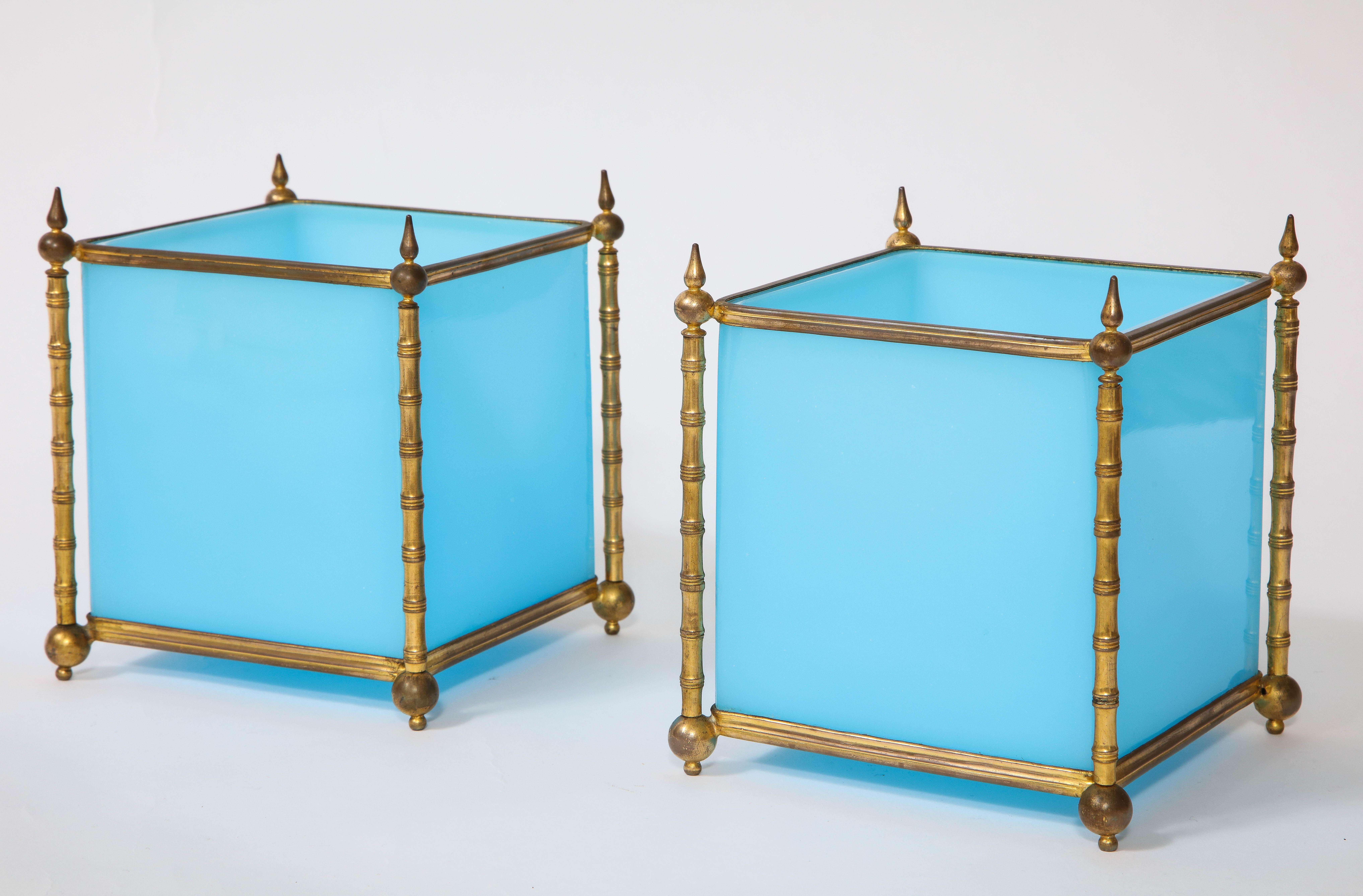 French Pair of Turquoise Opaline Baccarat Crystal Ormolu Mounted Jardinière/Cache Pots