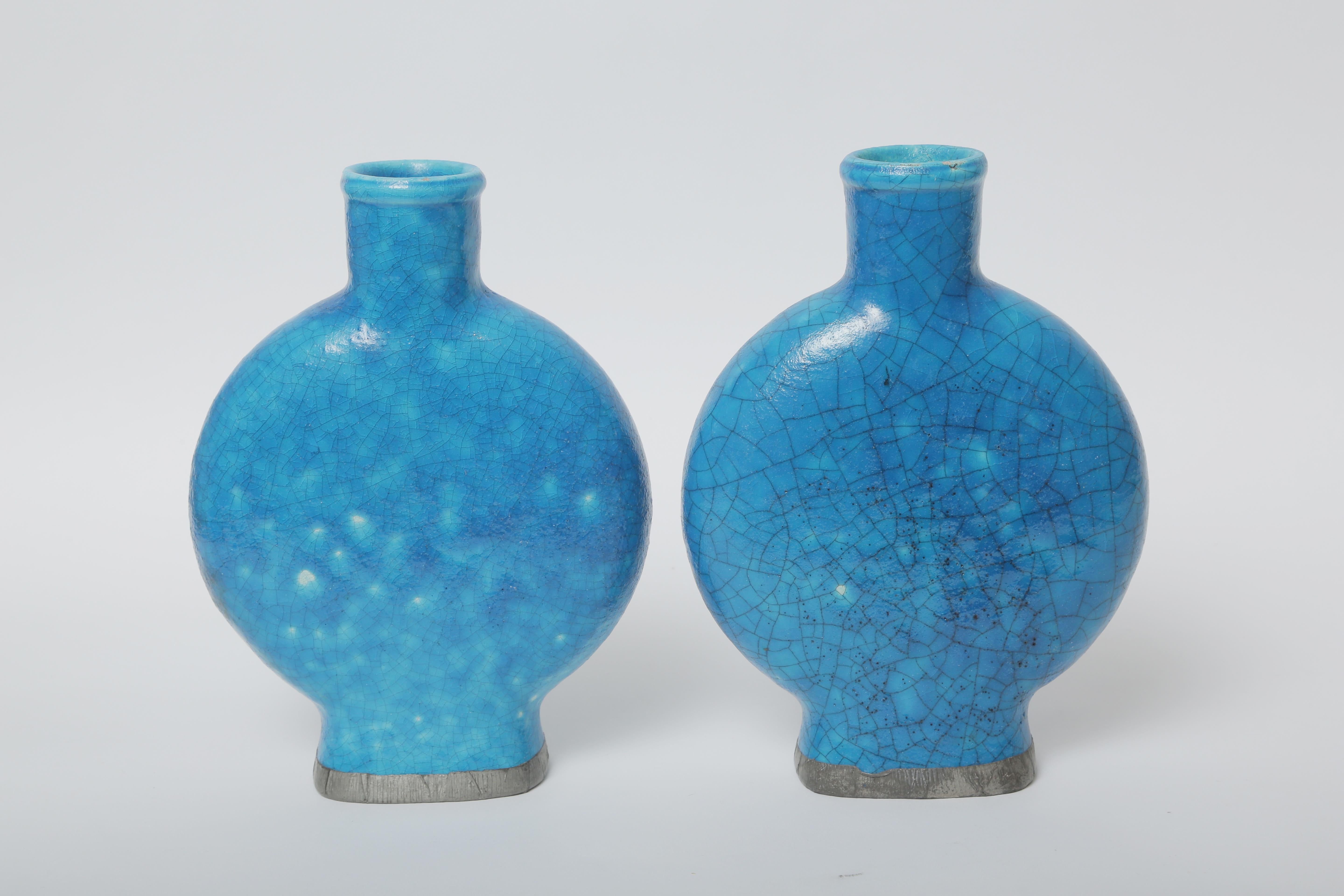Pair of Turquoise Vases, Edmond Lachenal Signed. Art Deco Period, Rare 4