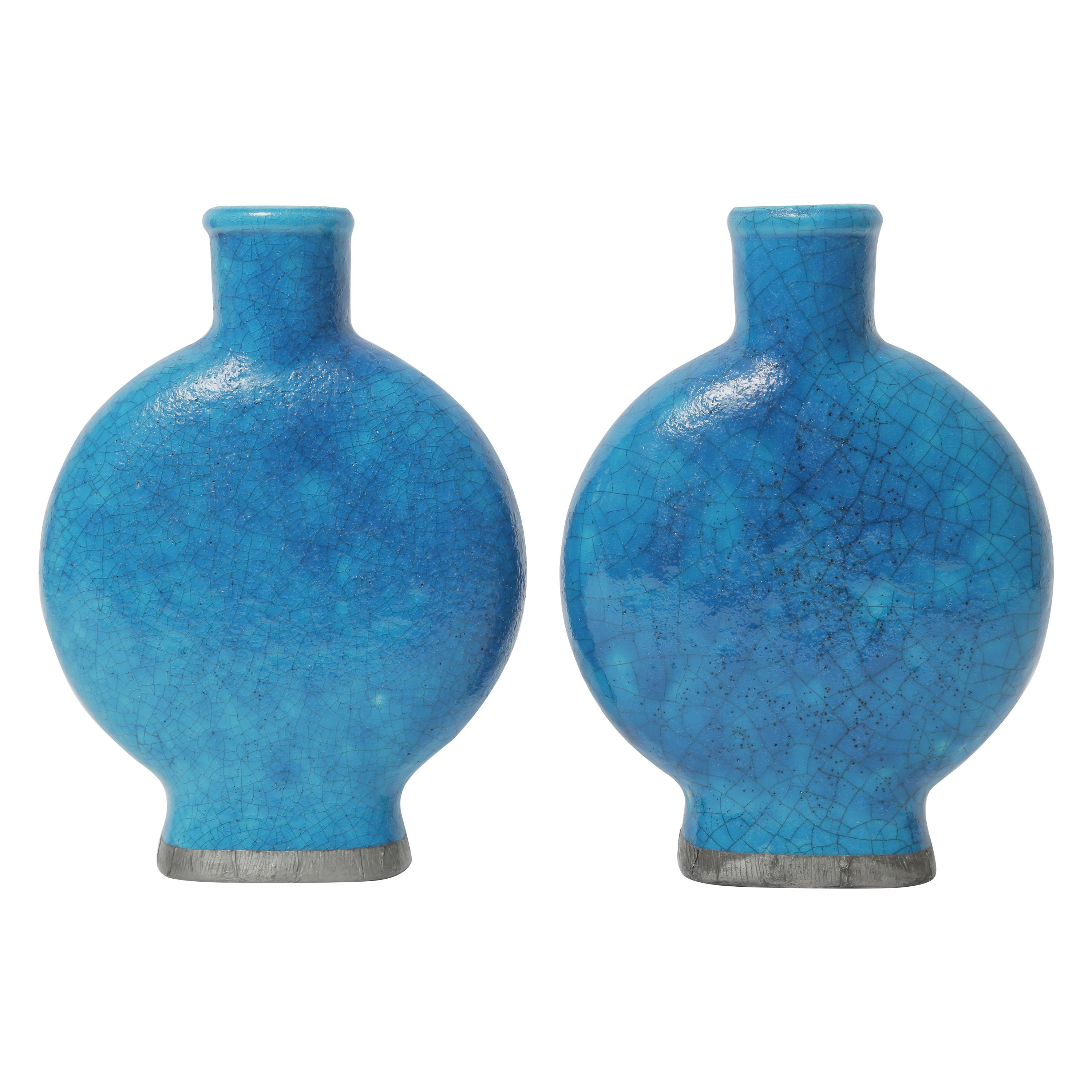 Pair of Turquoise Vases, Edmond Lachenal Signed. Art Deco Period, Rare