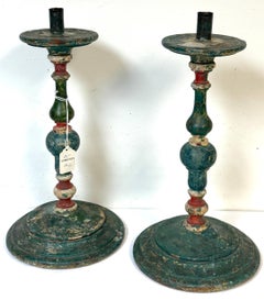 Pair Tuscan Polychrome Wooden Altar Candlesticks, Worn Patina, 18th / 19th C.