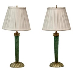 Pair twist green and gold Murano lamps