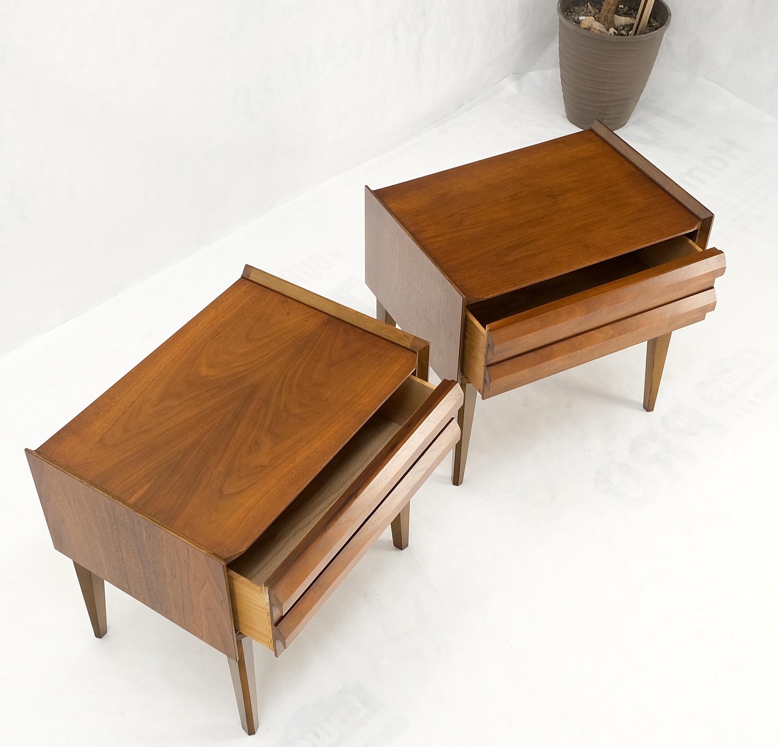 Pair Two Drawers Walnut Mid-Century Modern End Side Night Stands Tables Mint! For Sale 12
