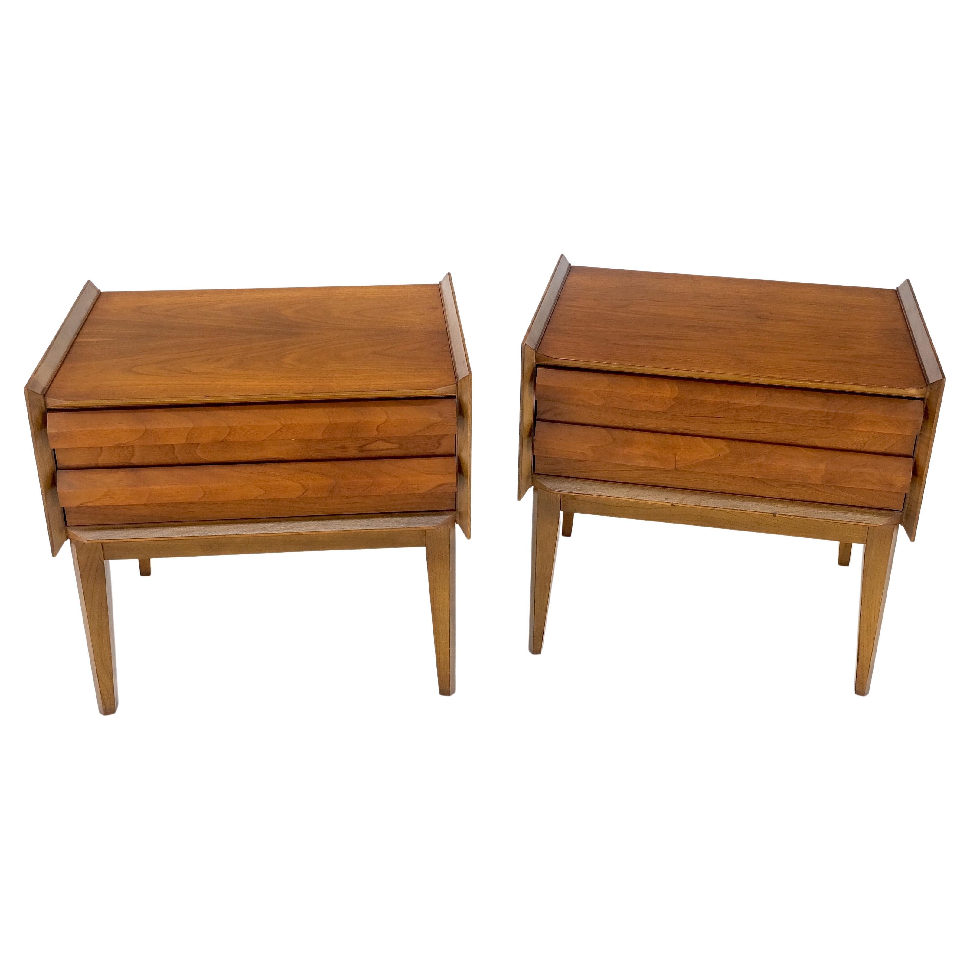 Pair Two Drawers Walnut Mid-Century Modern End Side Night Stands Tables Mint! For Sale