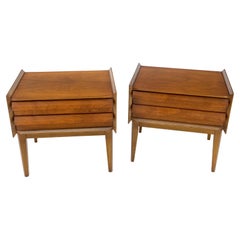 Pair Two Drawers Walnut Mid-Century Modern End Side Night Stands Tables Mint!