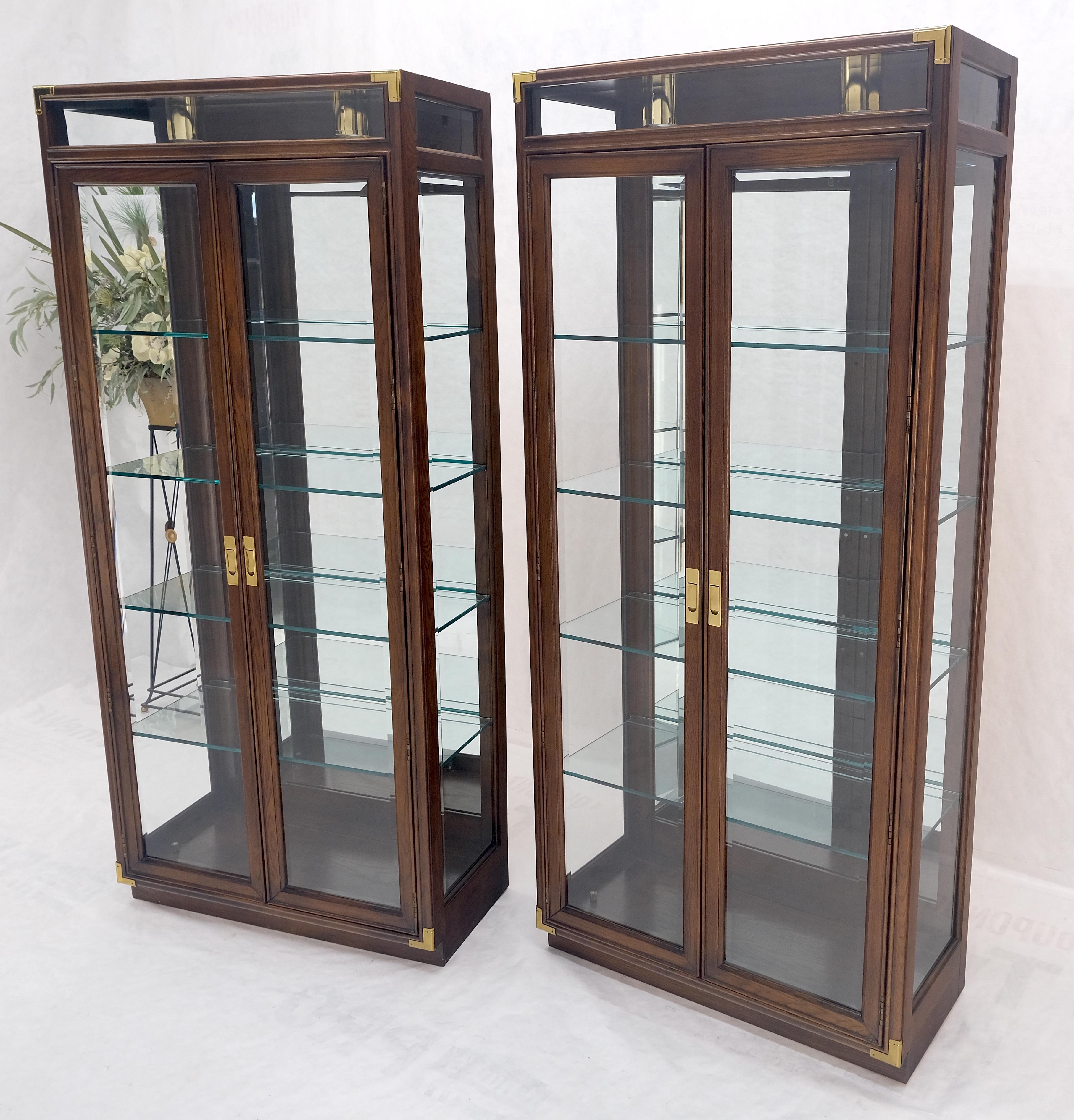 American Pair Two Glass Doors Lighted Oak & Brass Glass Shelves Vitrines Display Cabinets For Sale