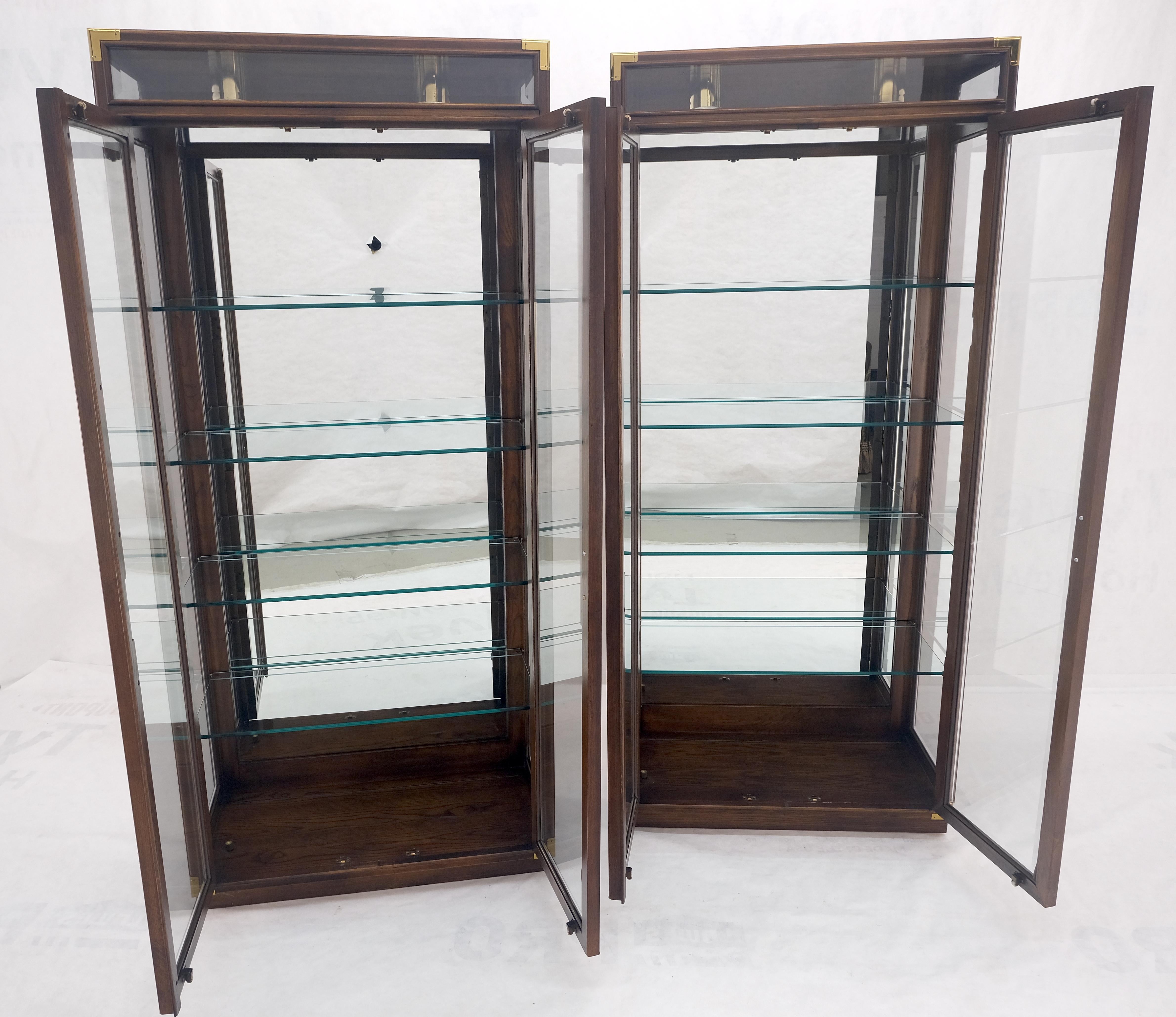 Pair Two Glass Doors Lighted Oak & Brass Glass Shelves Vitrines Display Cabinets For Sale 1