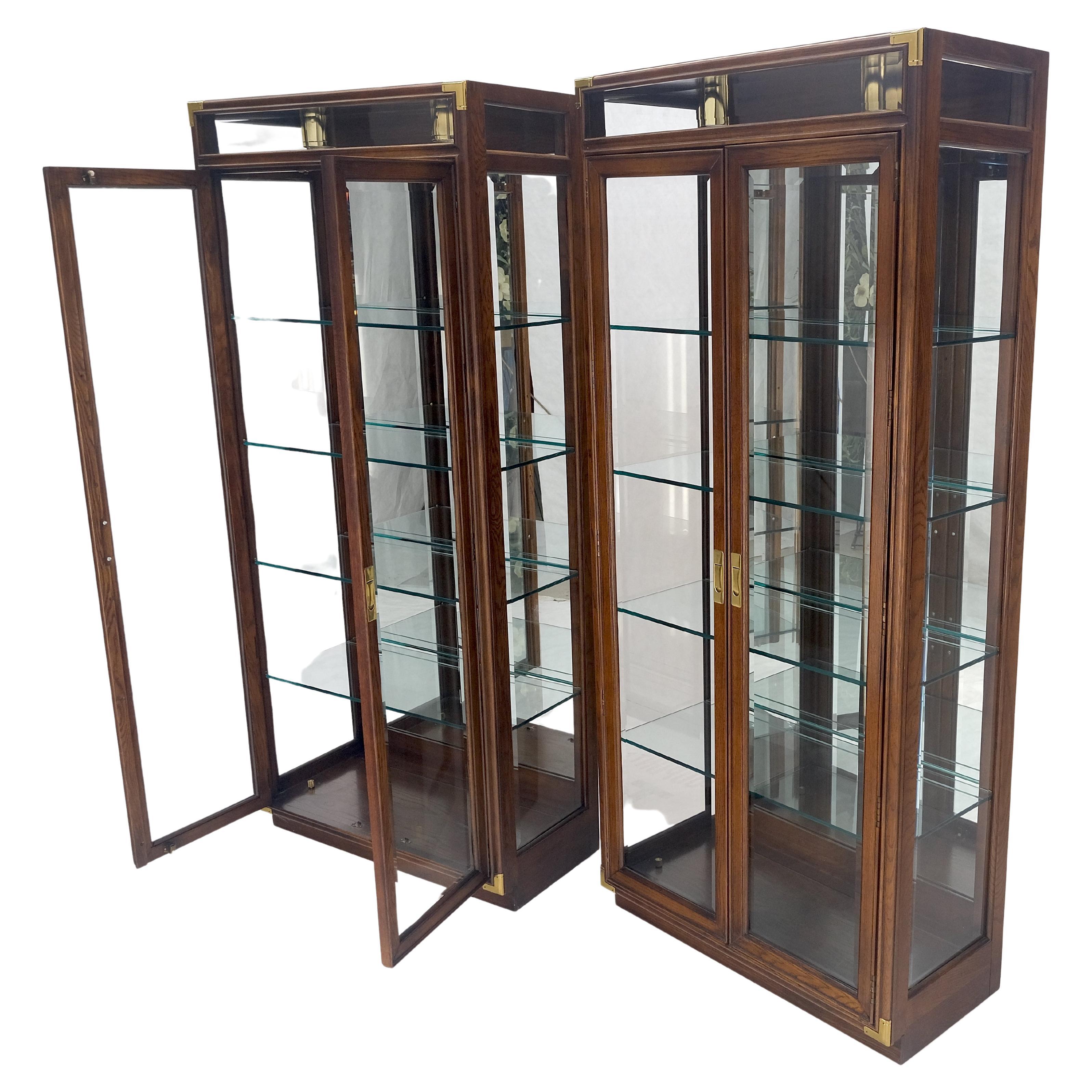 Pair Two Glass Doors Lighted Oak & Brass Glass Shelves Vitrines Display Cabinets For Sale