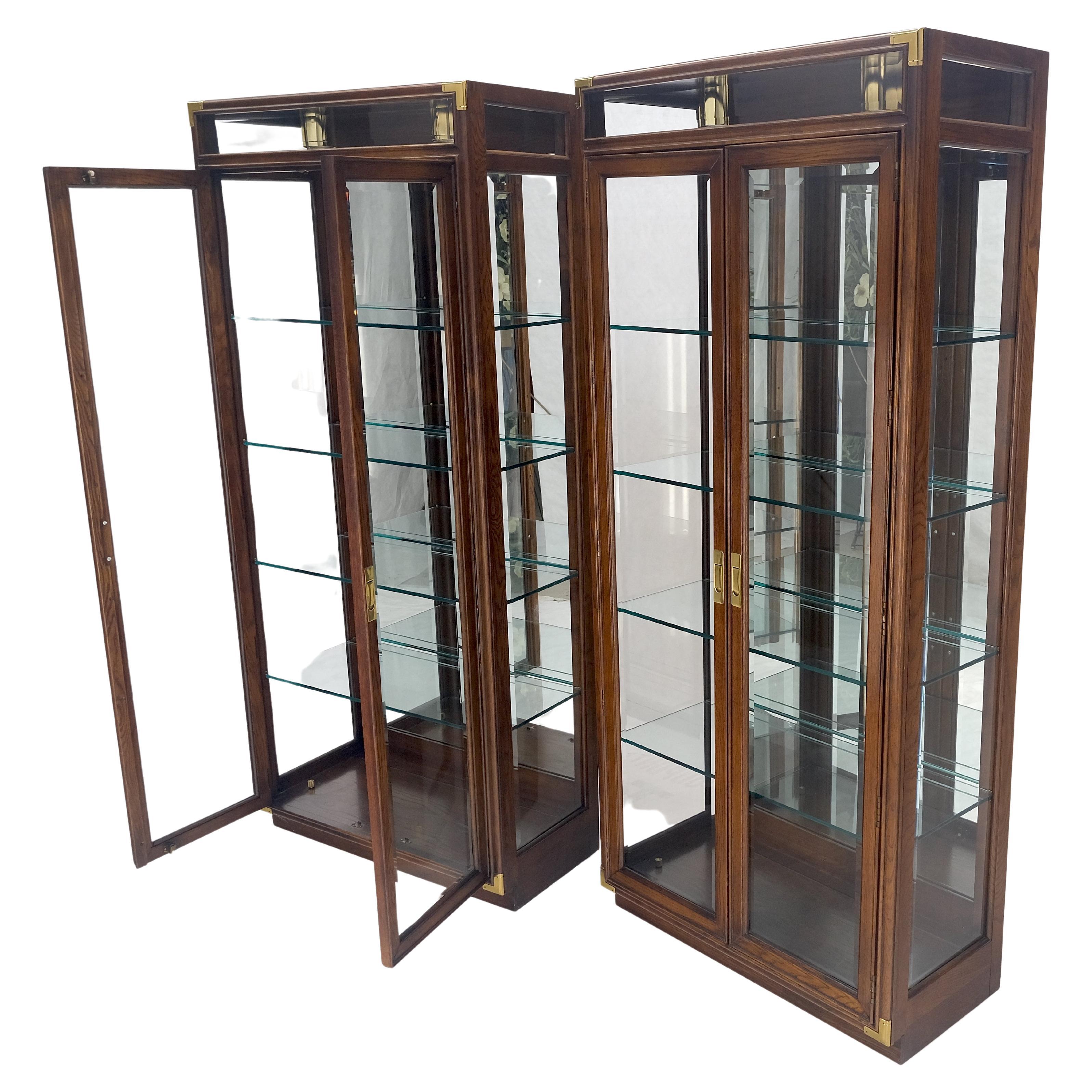 Pair Two Glass Doors Lighted Oak and Brass Glass Shelves Vitrines