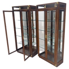 Pair Two Glass Doors Lighted Oak & Brass Glass Shelves Vitrines Display Cabinets